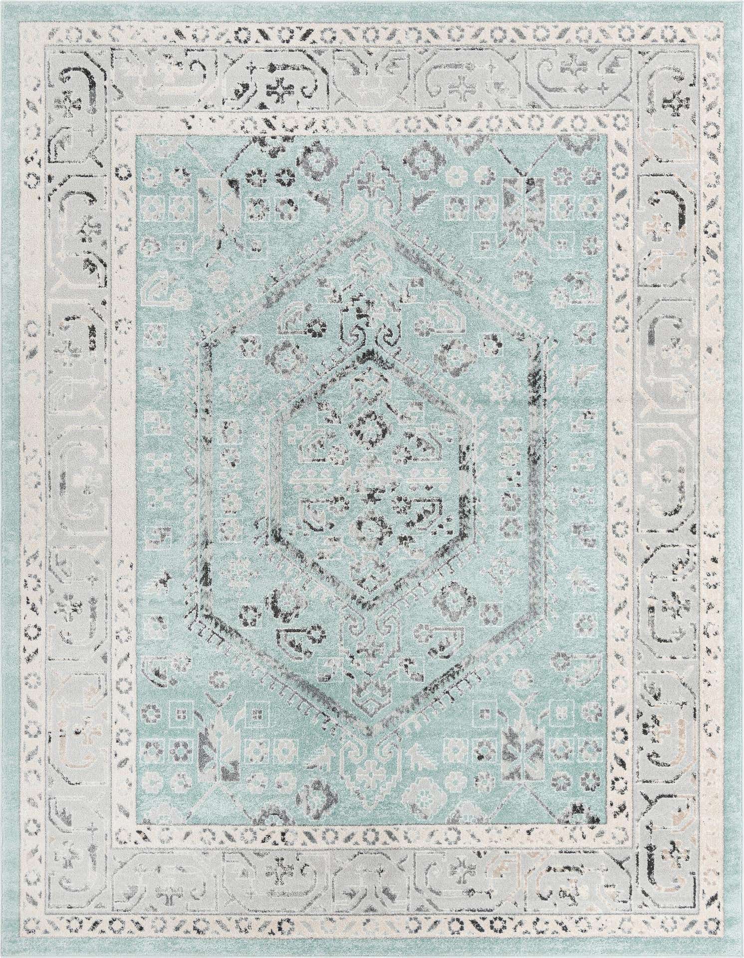 A 9x12 rectangular Aurelia rug in shades of blue with a distressed traditional medallion and tribal pattern.
