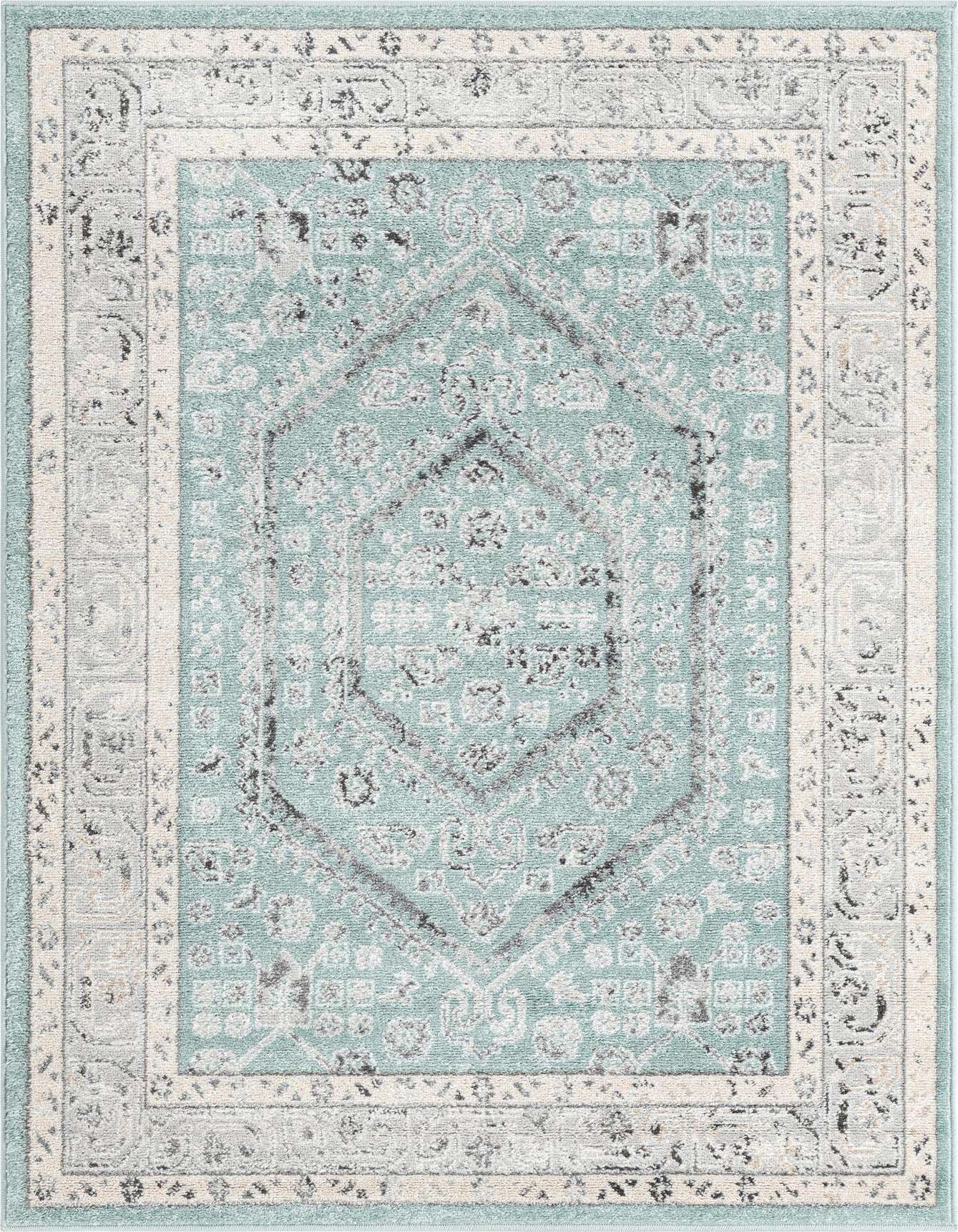 A 4x6 rectangular Aurelia rug with a distressed traditional medallion pattern in shades of blue, cream, and gray.