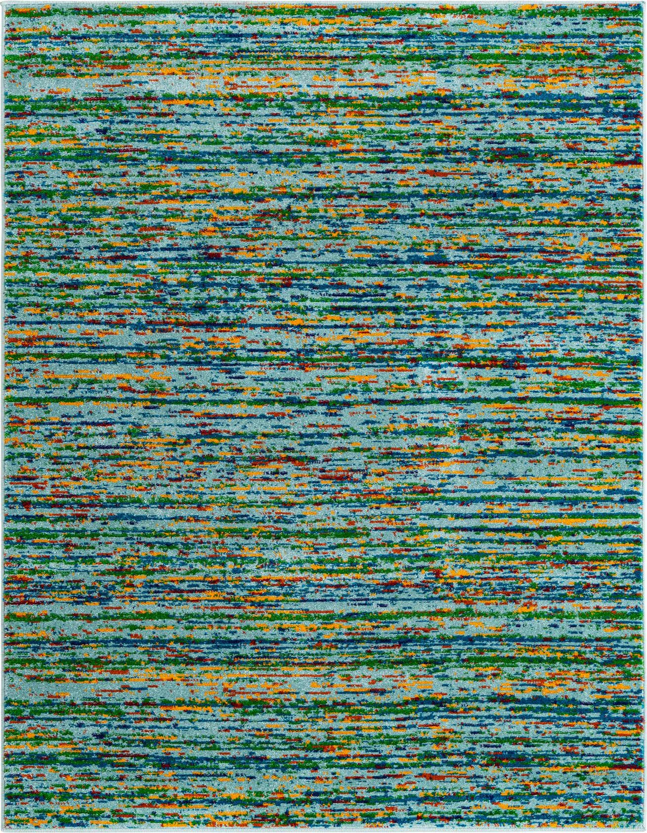 A 4x6 rectangular Calypso rug featuring an eclectic, modern pattern with varying shades of blue, green, orange, and red horizontal lines on a light blue background.