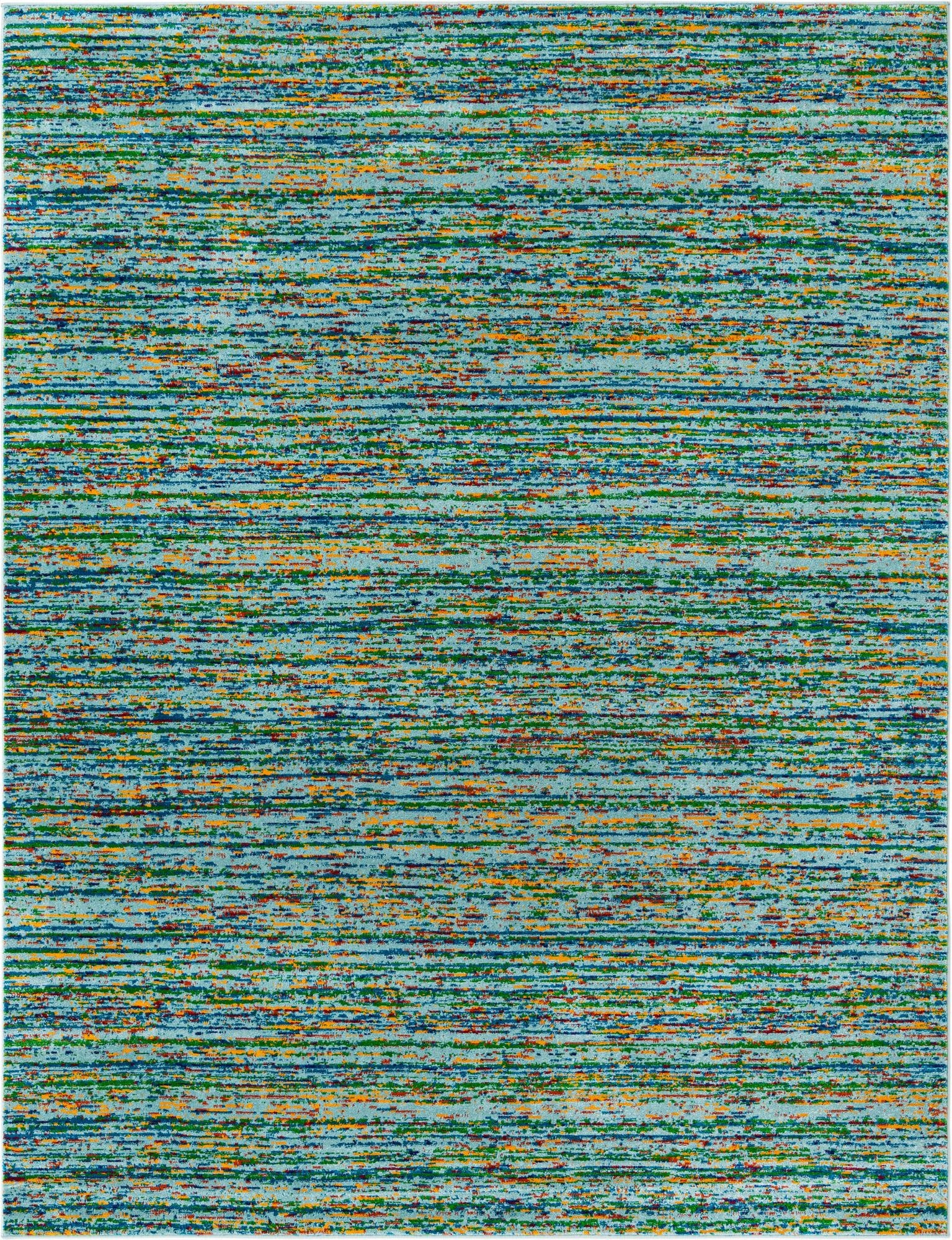 A rectangular 8x10 blue rug featuring a modern, eclectic pattern of thin, horizontal stripes in various shades of blue, green, orange, and red.