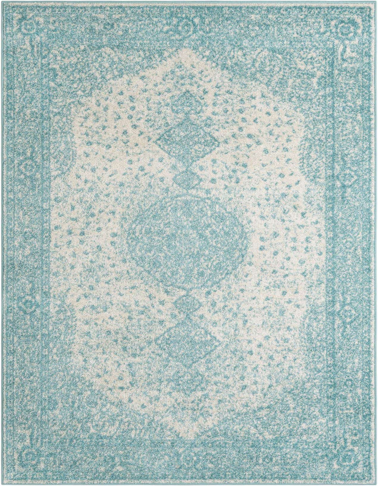 A 5x8 rectangular blue and white indoor rug with a distressed traditional pattern, ideal for a living room.