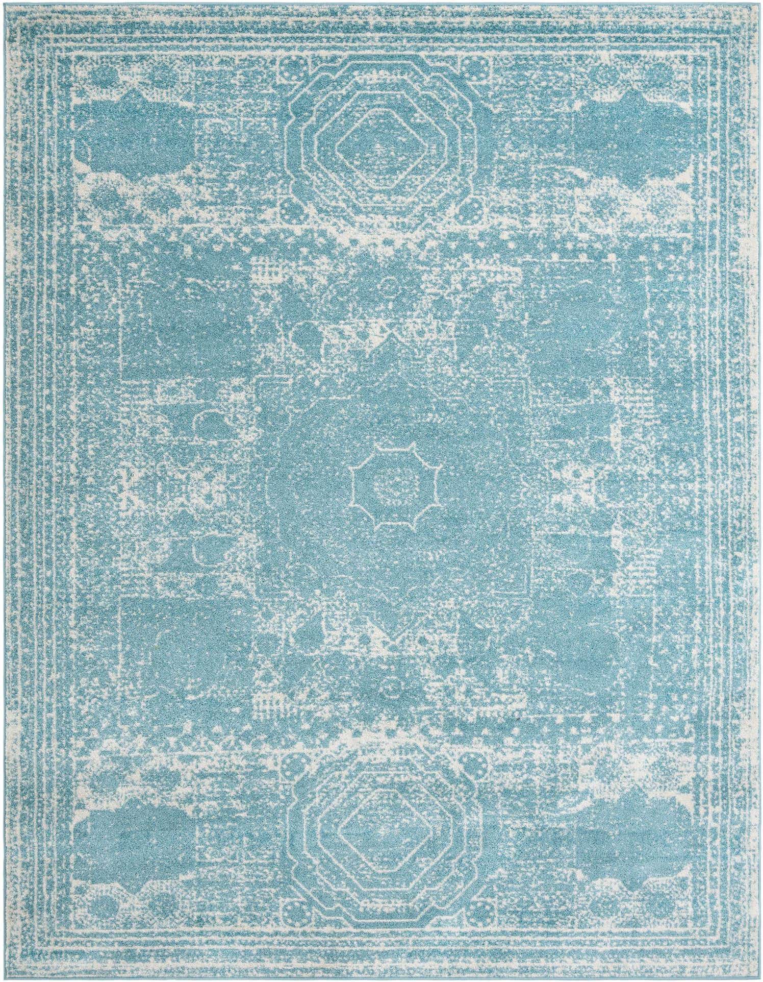 A 9x12 rectangular area rug featuring a distressed traditional pattern in varying shades of blue and white.