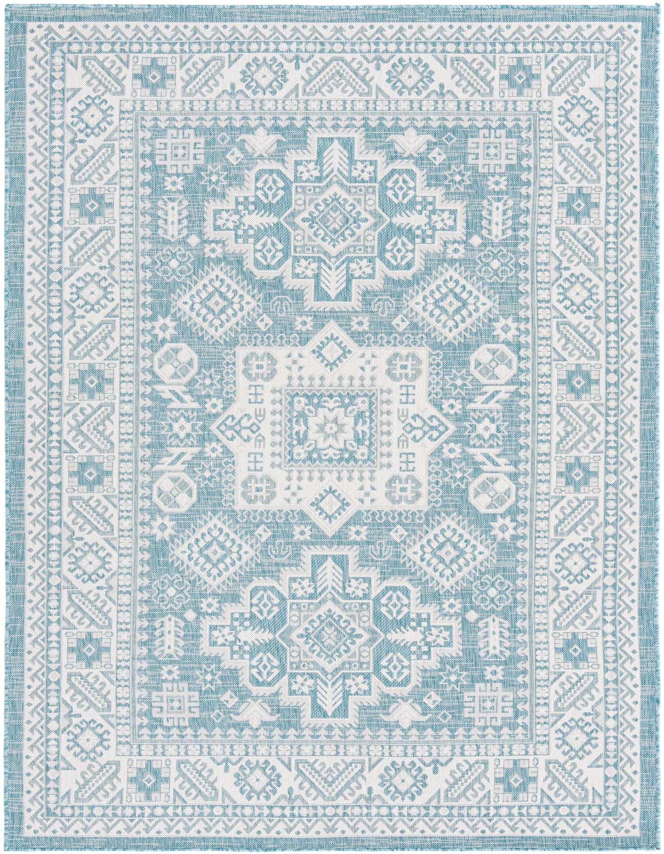 A 6x9 rectangular blue and white Southwestern rug with intricate tribal patterns, ideal for indoor or outdoor spaces.