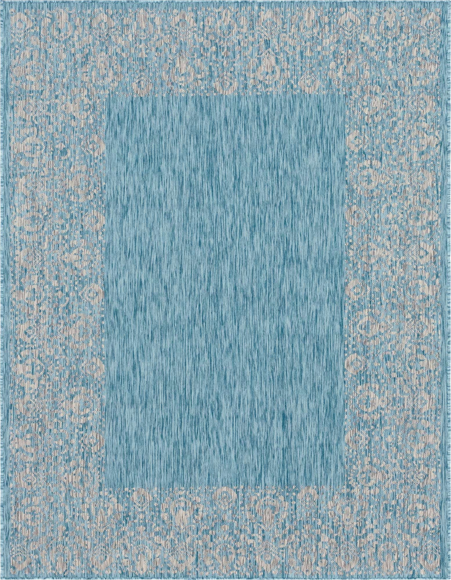 A 6x9 rectangular blue flatweave rug with a subtle light beige traditional border pattern, suitable for indoor or outdoor spaces.