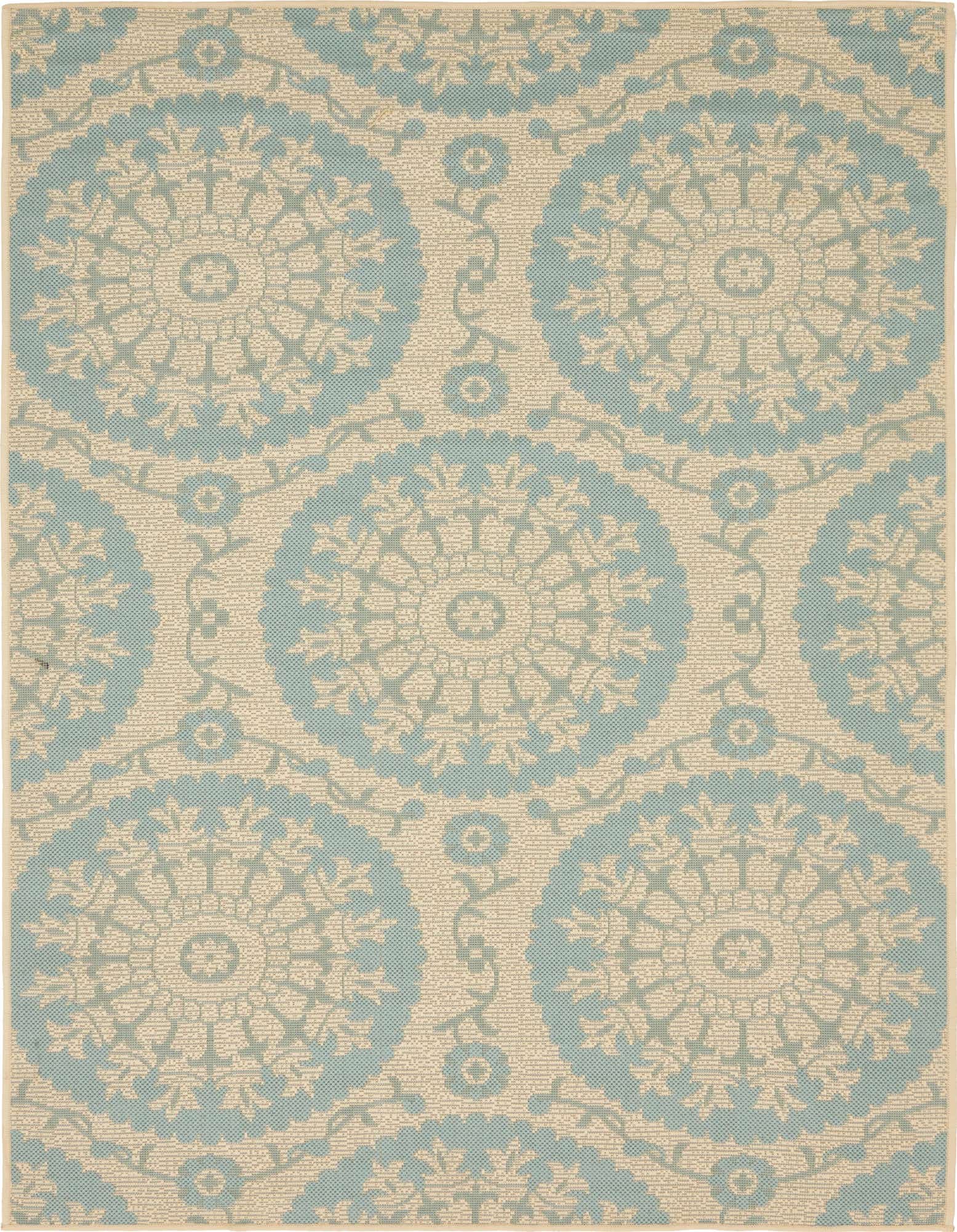 A 4x6 rectangular indoor/outdoor rug featuring a traditional botanical medallion pattern in light blue and beige.