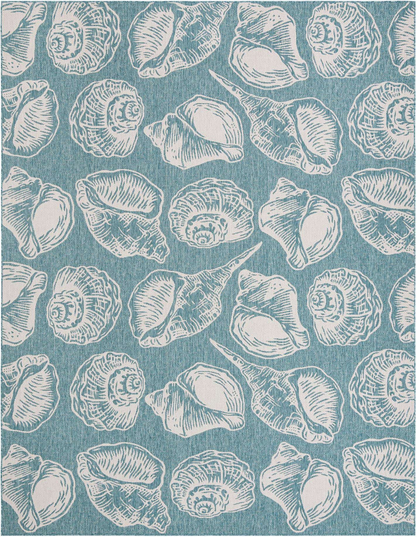 A 10x14 rectangular blue indoor/outdoor rug with a repeating pattern of various white seashells, perfect for a patio.
