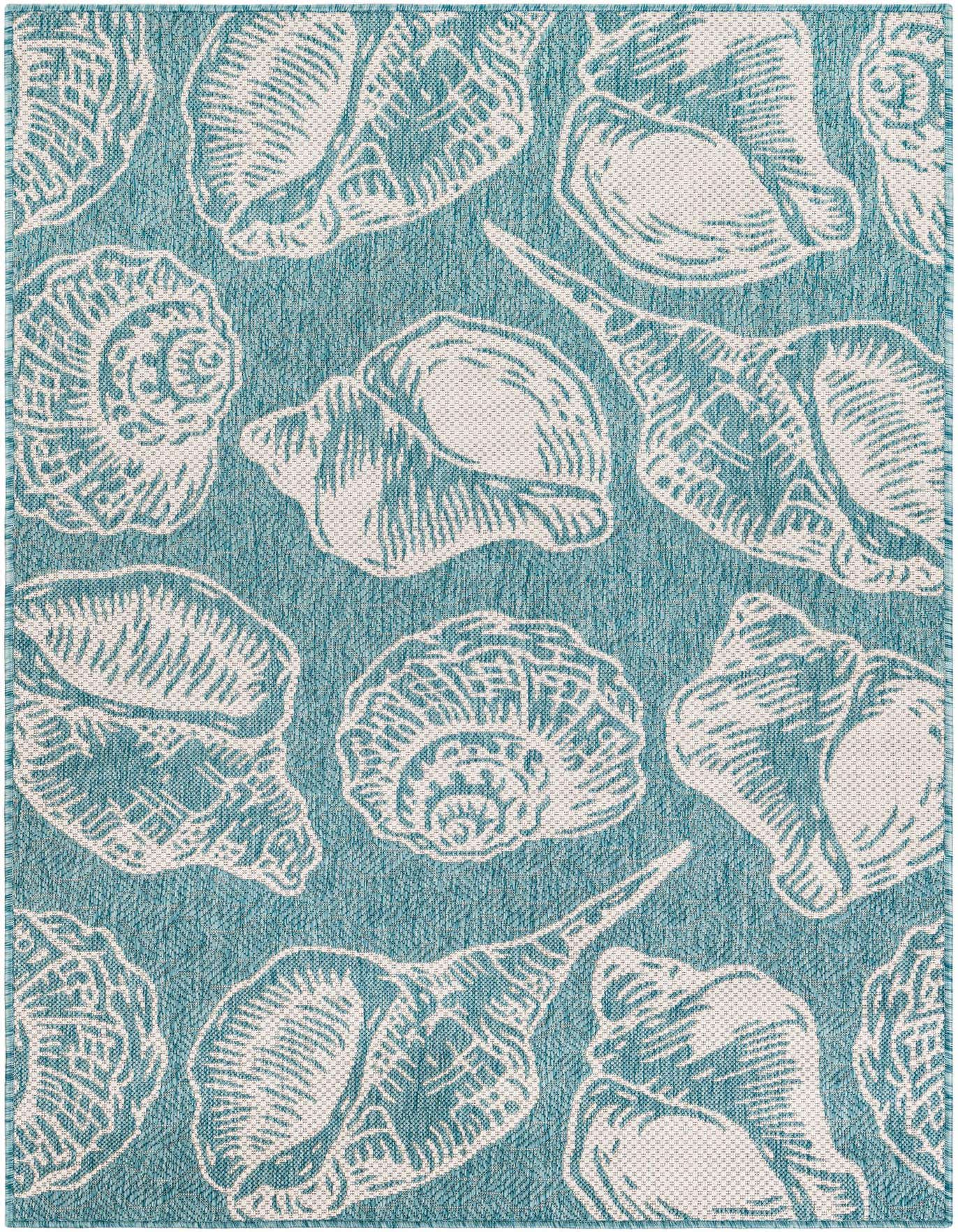 A 4x6 rectangular blue indoor/outdoor rug with a white seashell pattern, suitable for a patio or living room.