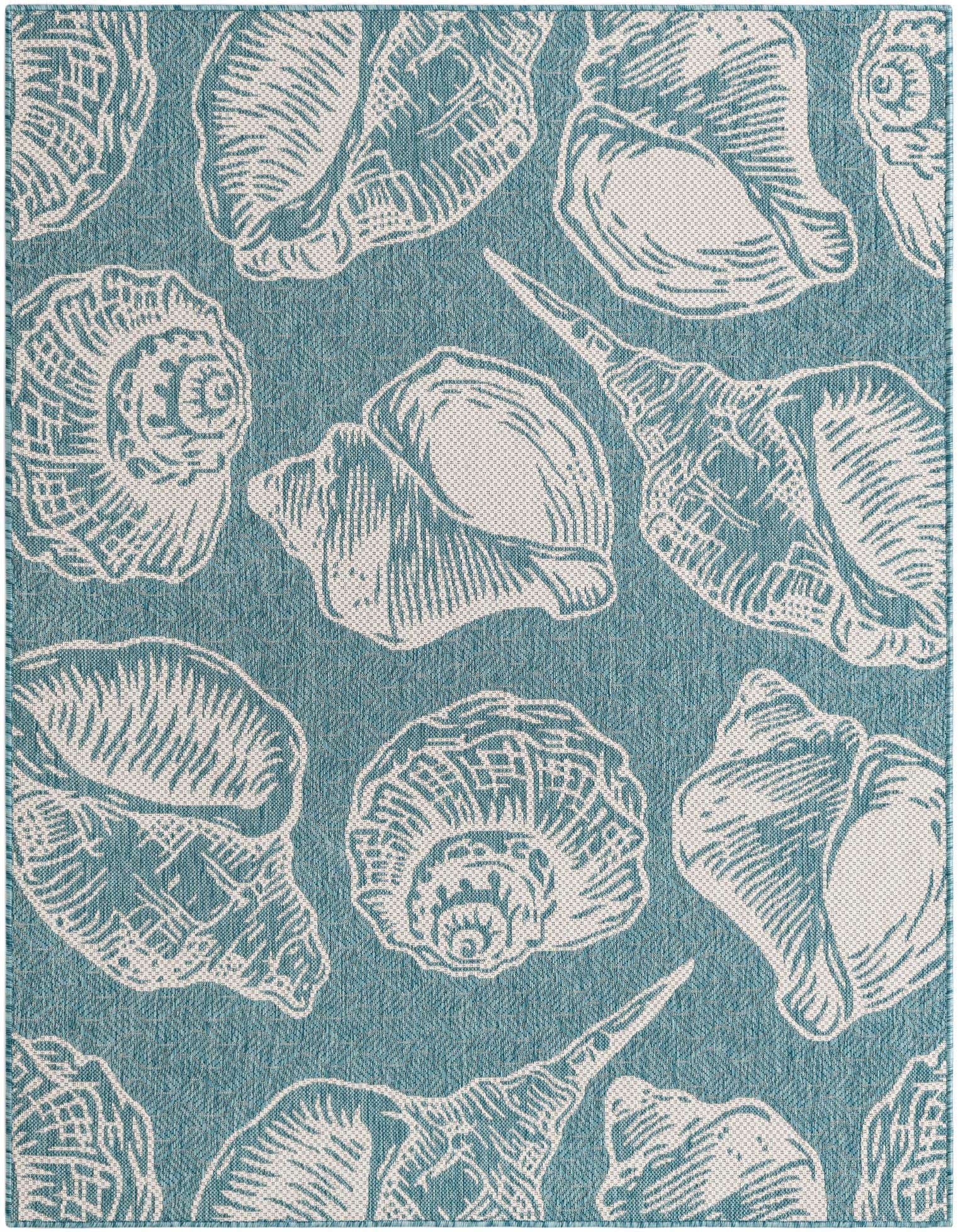 A 5x7 rectangular blue and white indoor/outdoor rug with a repeating pattern of various seashells.