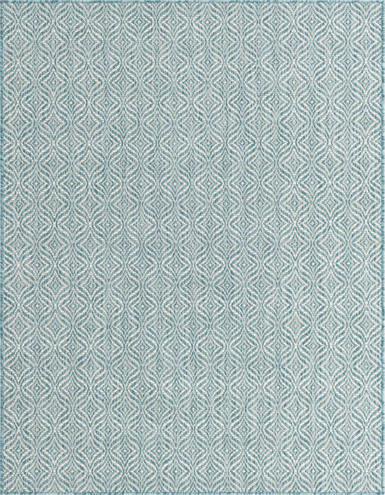 A 5x8 rectangular blue and white flatweave rug with a repeating trellis pattern, suitable for indoor or outdoor spaces.