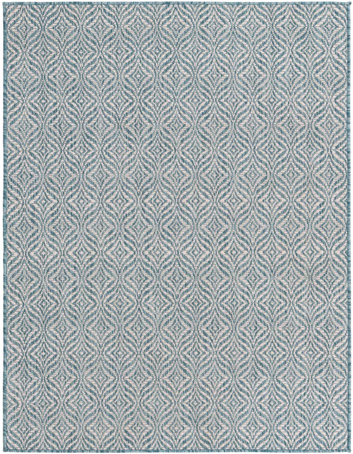 A 4x6 rectangular blue and white flatweave rug with a repeating trellis pattern, suitable for indoor or outdoor use.