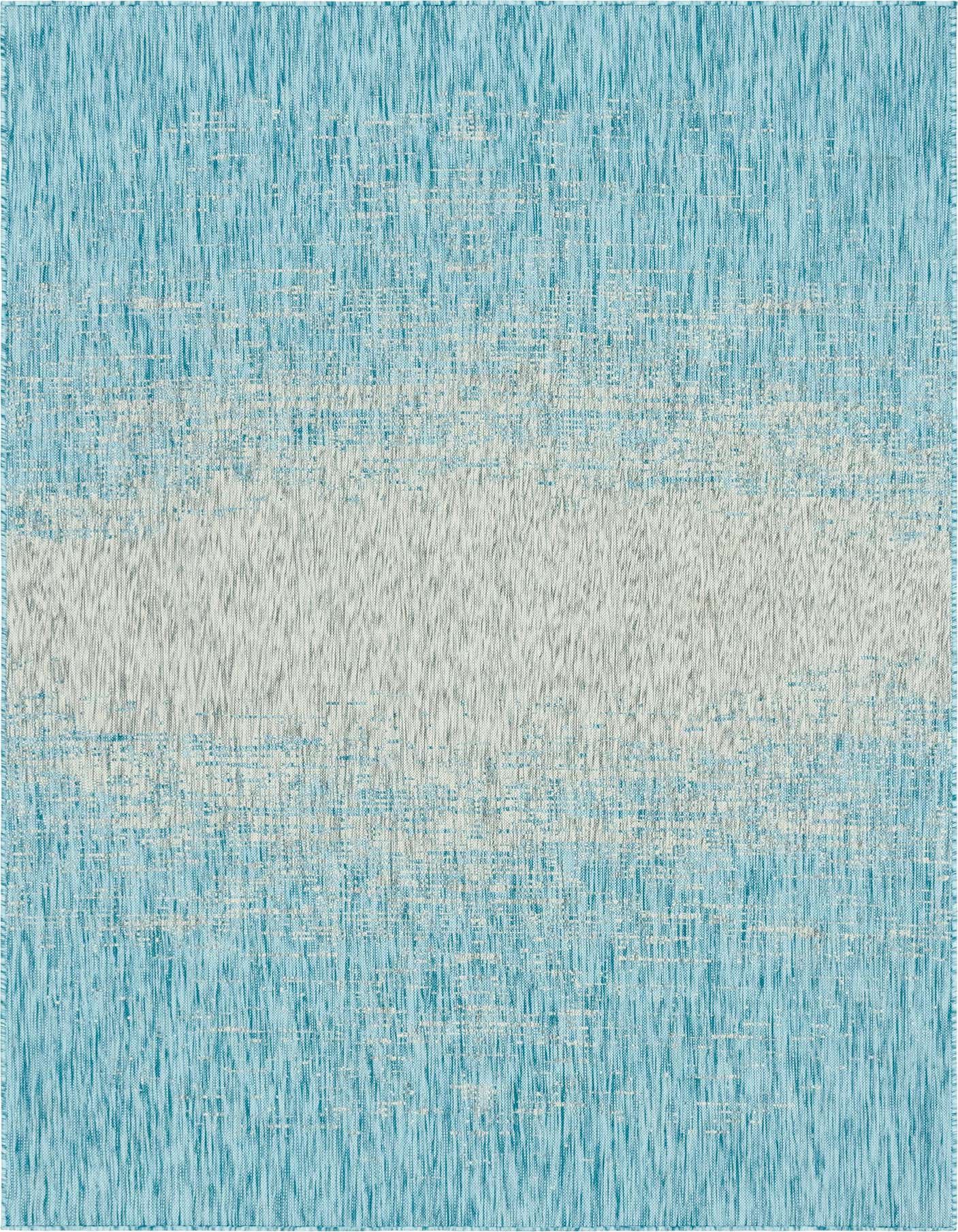 A 7x10 rectangular blue and white flatweave rug with a textured, faded stripe pattern, suitable for indoor or outdoor use.