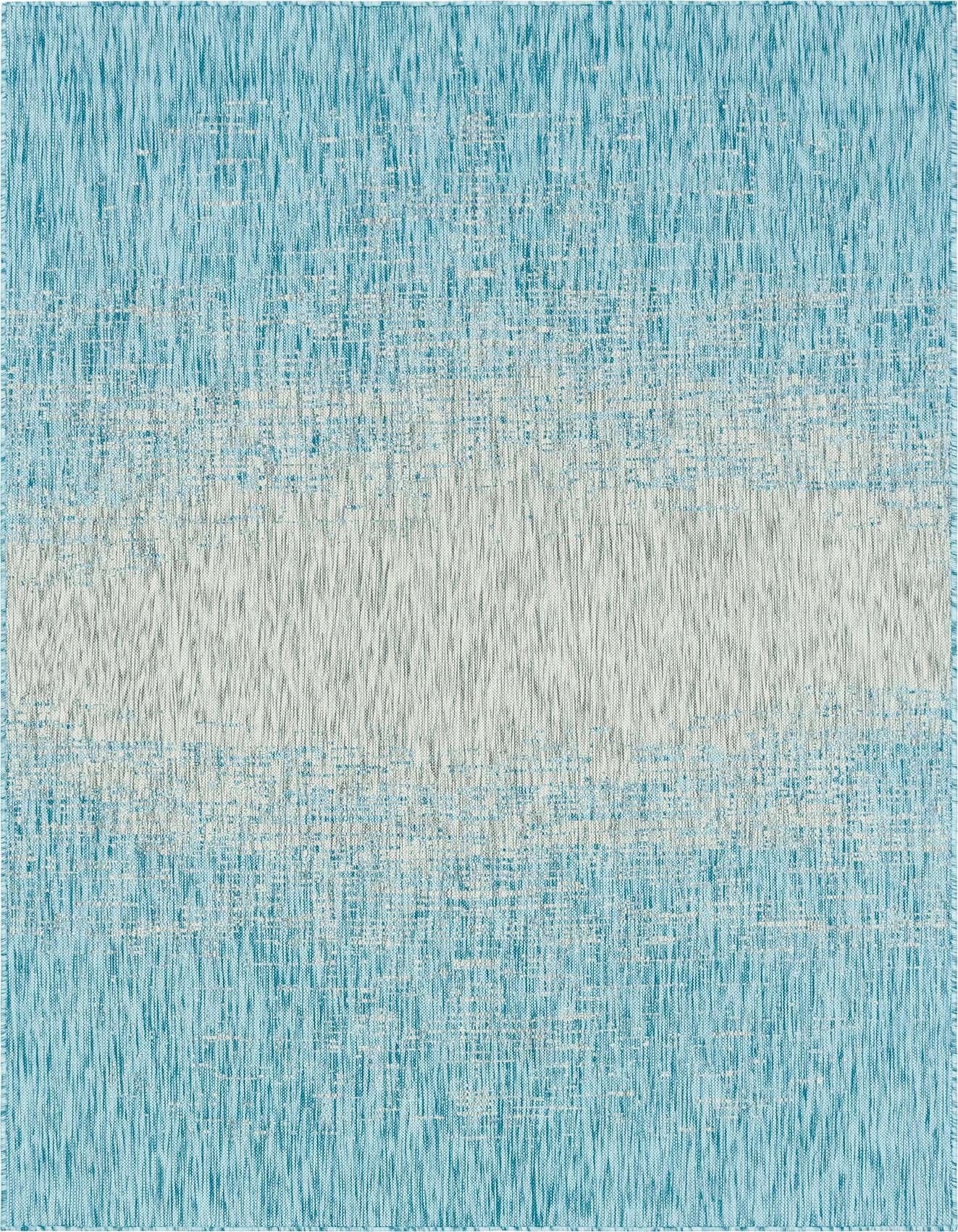 A 6x9 rectangular blue coastal rug with a textured flatweave, featuring an abstract light blue and white striped pattern.