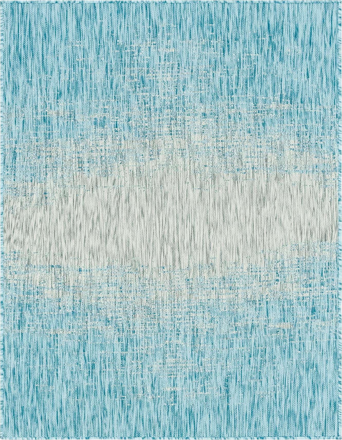 A 4x6 rectangular blue and white ombre flatweave rug with a textured, faded appearance, suitable for indoor or outdoor use.