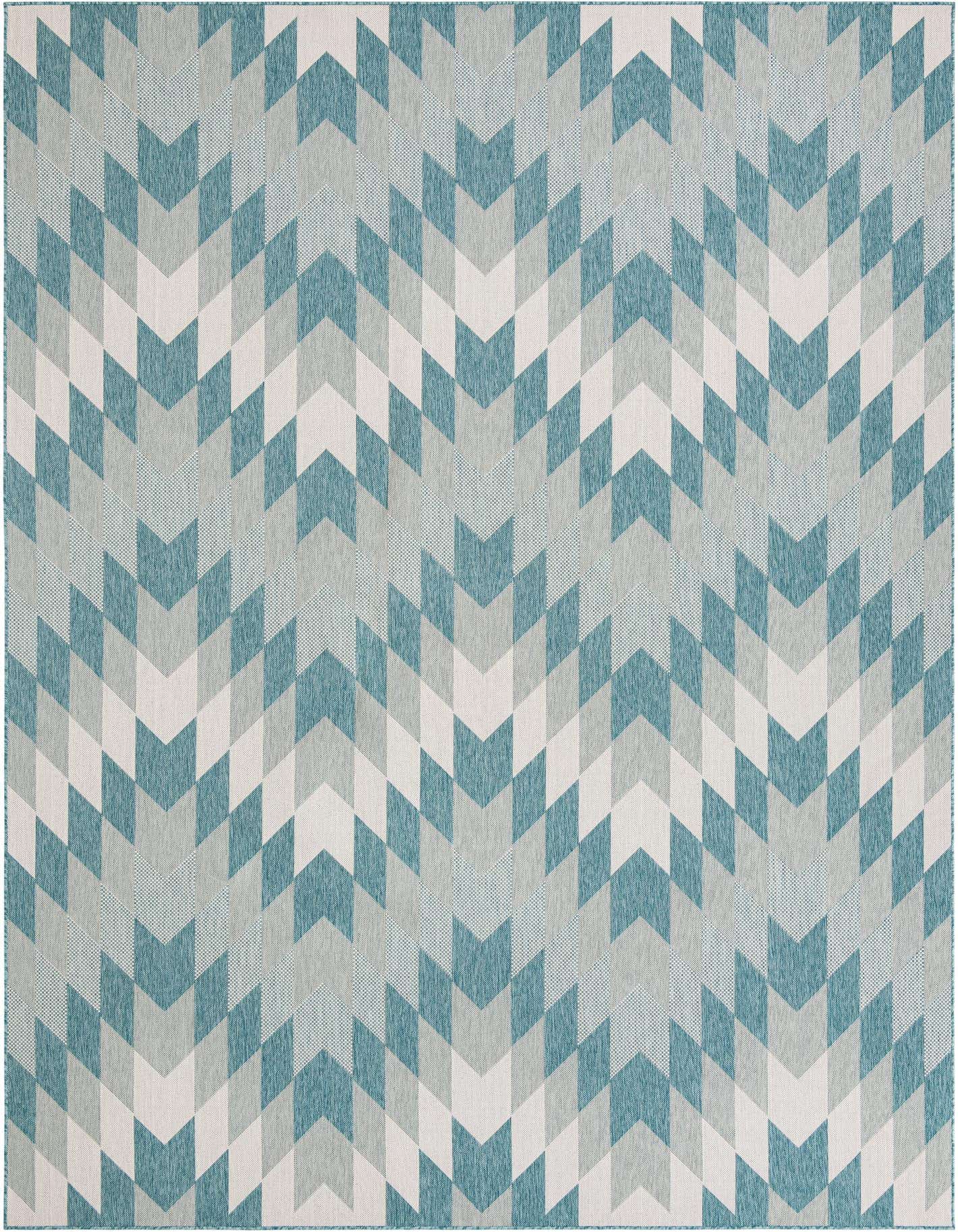 A 10x14 rectangular indoor/outdoor rug featuring a modern tribal pattern in shades of blue and white.