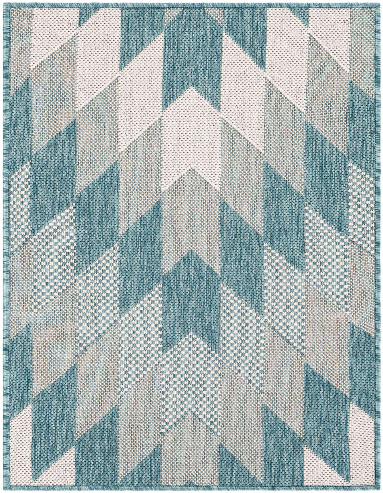 A 2x3 rectangular blue and white flatweave rug with a modern tribal geometric pattern, suitable for indoor or outdoor use.