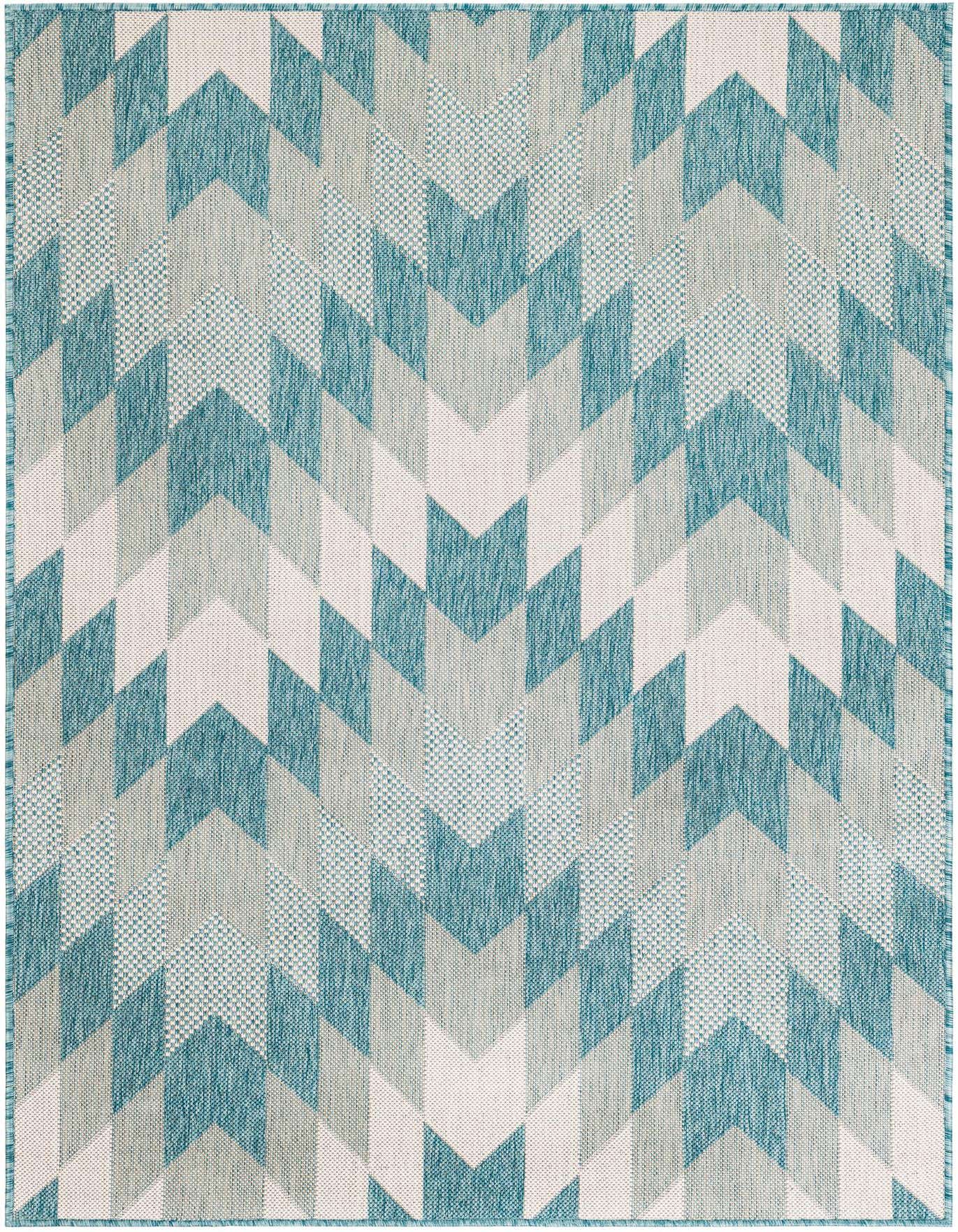 A 4x6 rectangular indoor/outdoor rug featuring a modern tribal geometric pattern in shades of blue and off-white.