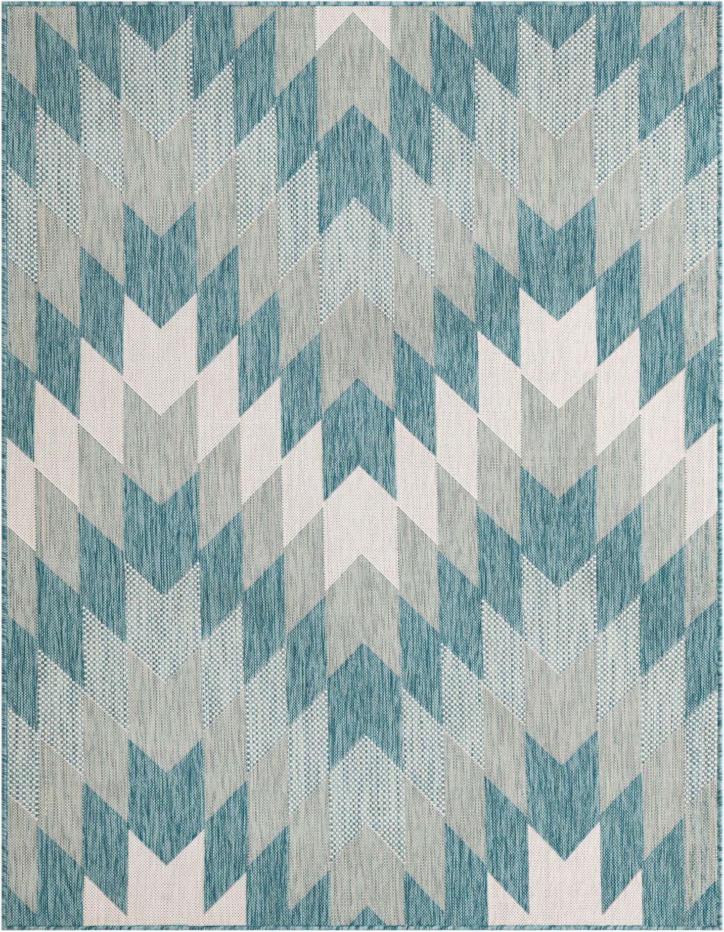 A 5x7 rectangular indoor/outdoor rug featuring a modern tribal pattern in shades of blue, grey, and white.