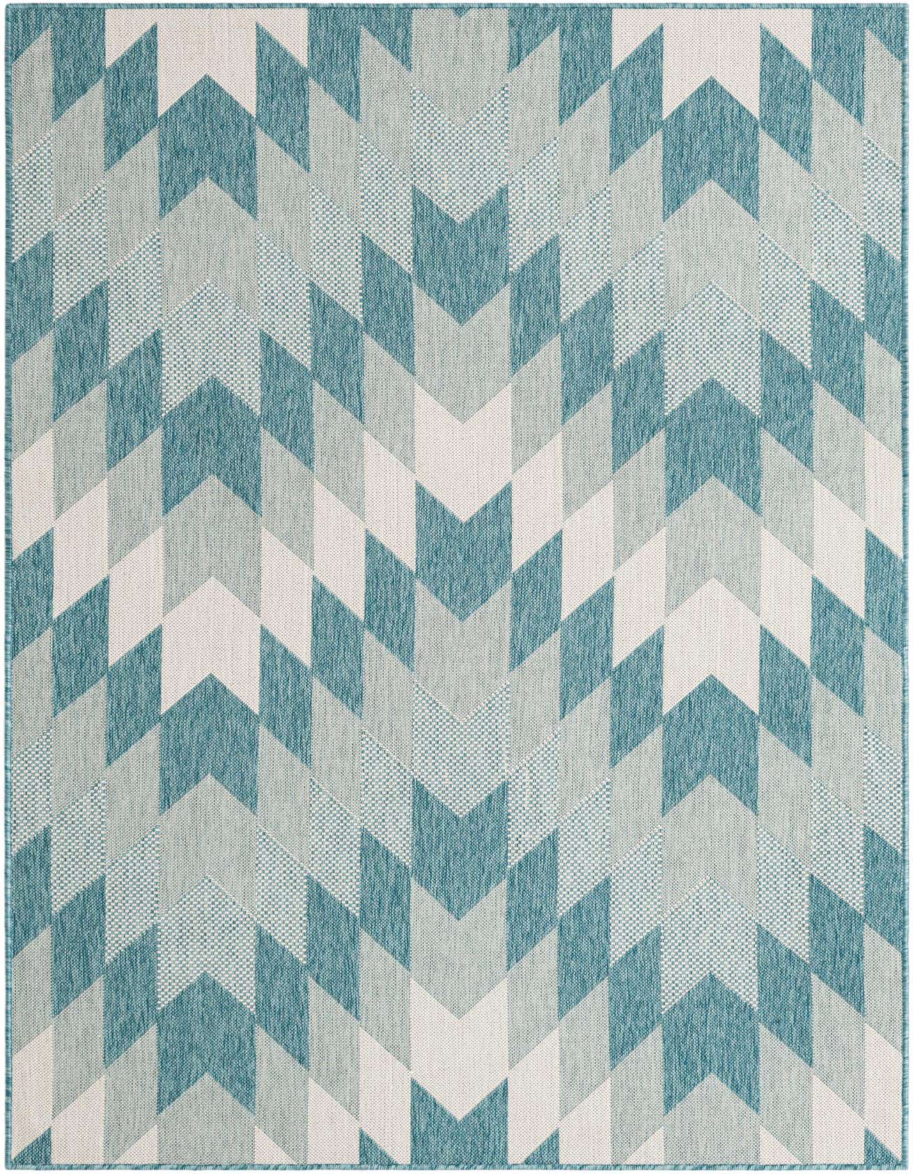 A 5x8 rectangular indoor/outdoor rug featuring a modern tribal pattern in varying shades of blue and white.
