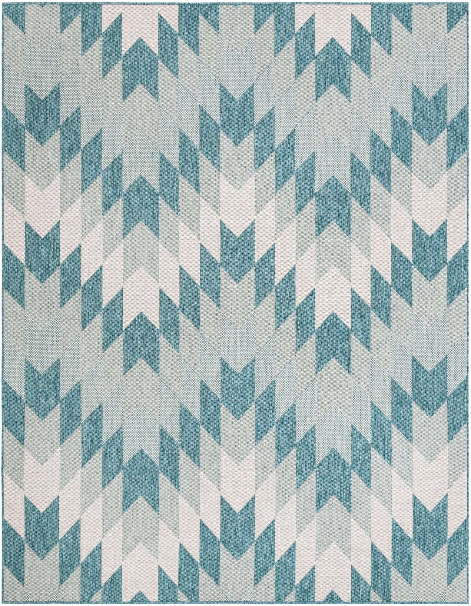 An 8x10 rectangular indoor/outdoor rug featuring a modern tribal pattern in shades of blue and white.