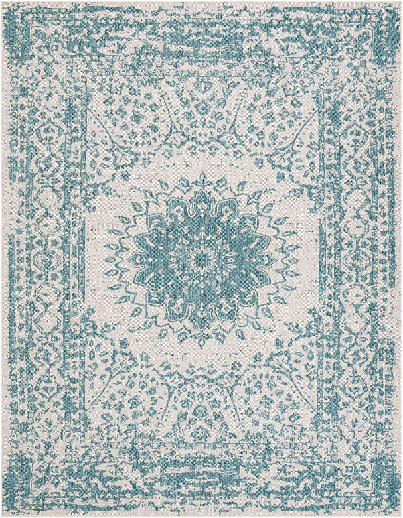 A 10x14 rectangular blue and white indoor/outdoor rug with a distressed traditional medallion and border pattern.