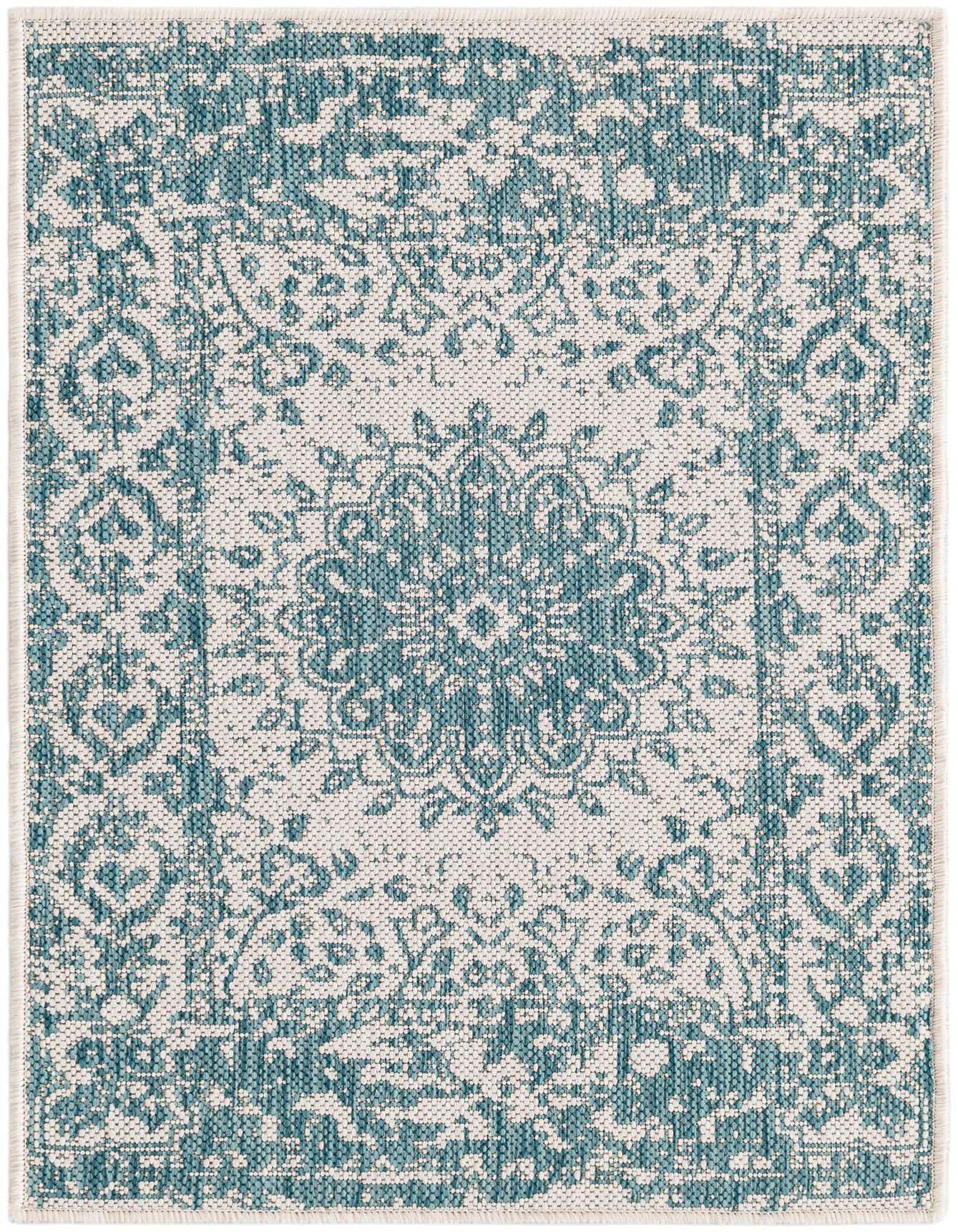 A 2x3 rectangular blue and white flatweave rug with a distressed traditional medallion and border pattern, suitable for indoor or outdoor use.