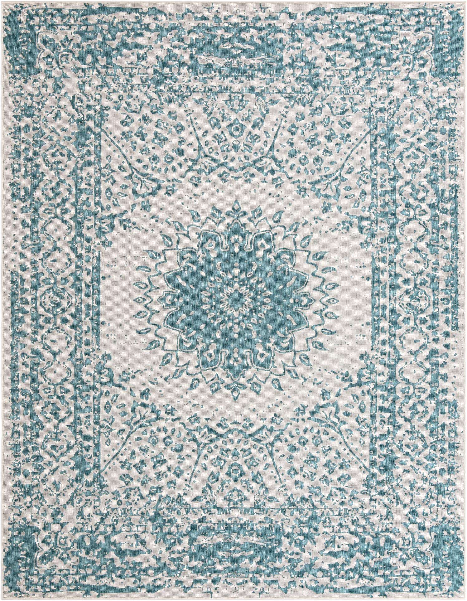 A 9x12 rectangular indoor/outdoor rug with a distressed blue medallion and traditional pattern on a light background.