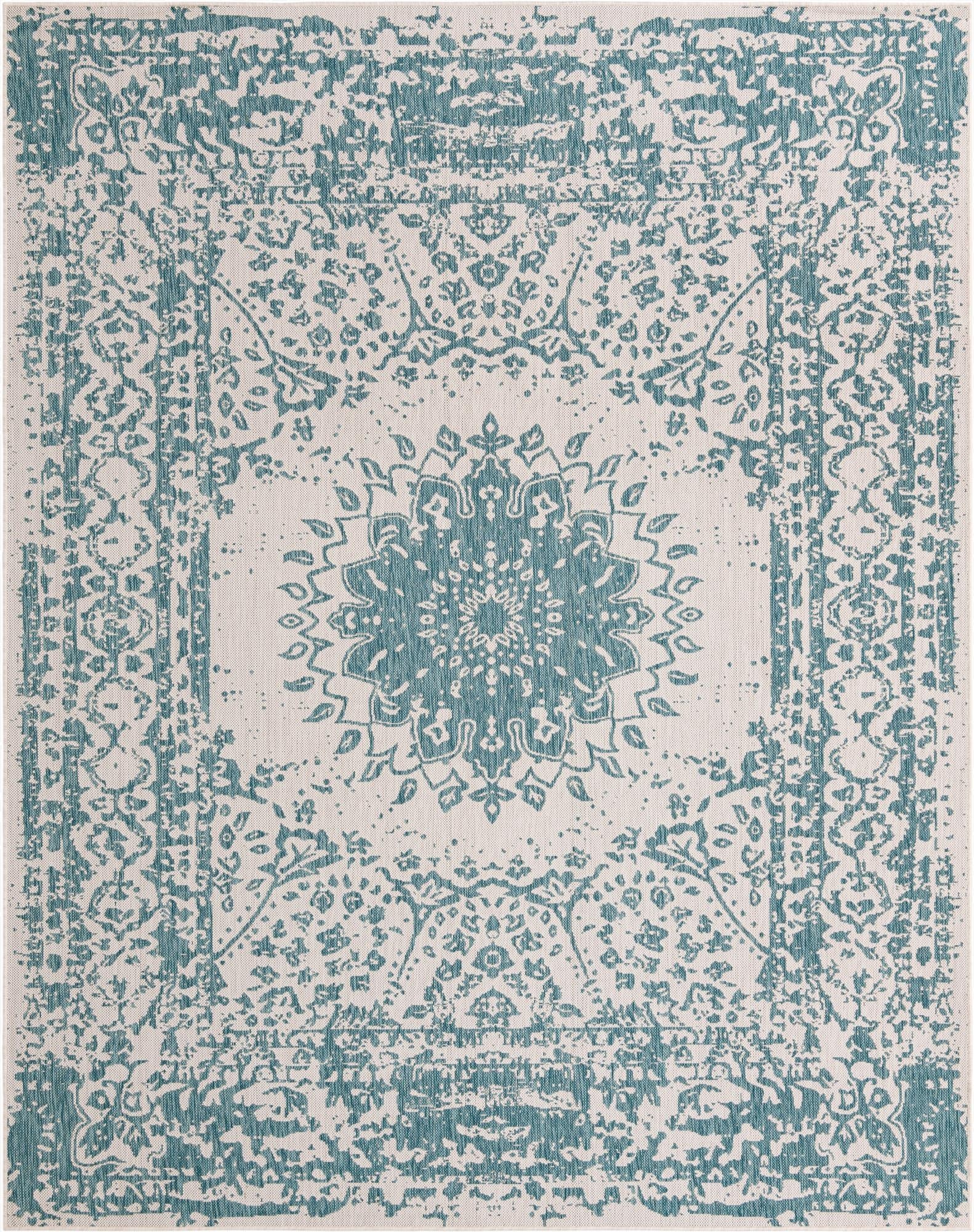 An 8x10 rectangular indoor/outdoor rug featuring a distressed blue medallion and traditional pattern on a light background.