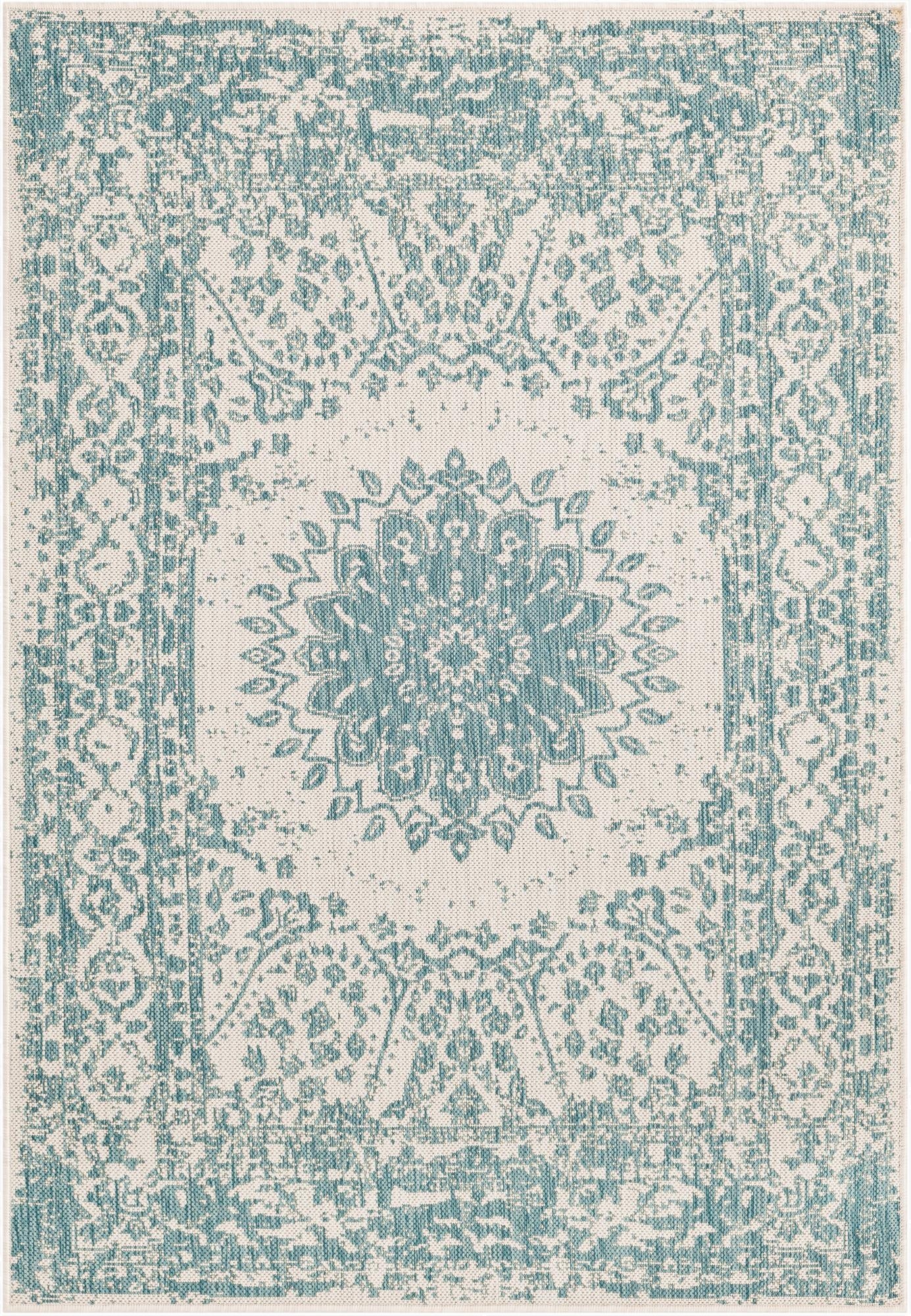 A 4x6 rectangular blue and white flatweave rug with a distressed traditional medallion pattern, suitable for indoor or outdoor use.