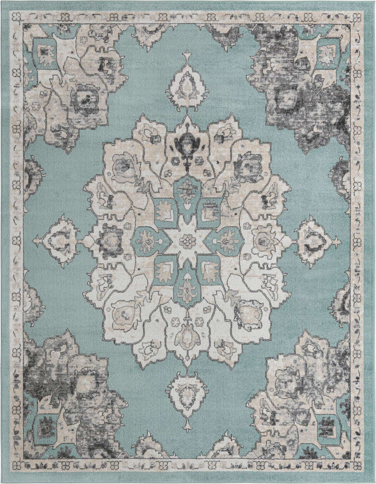 A 10x14 rectangular Parker Collection rug featuring a traditional medallion and botanical pattern in shades of blue, cream, and gray.