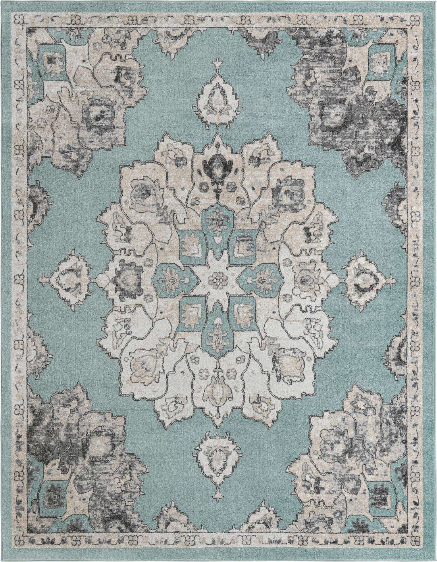 A 10x13 rectangular blue area rug with a vintage botanical medallion pattern in cream, grey, and light blue.