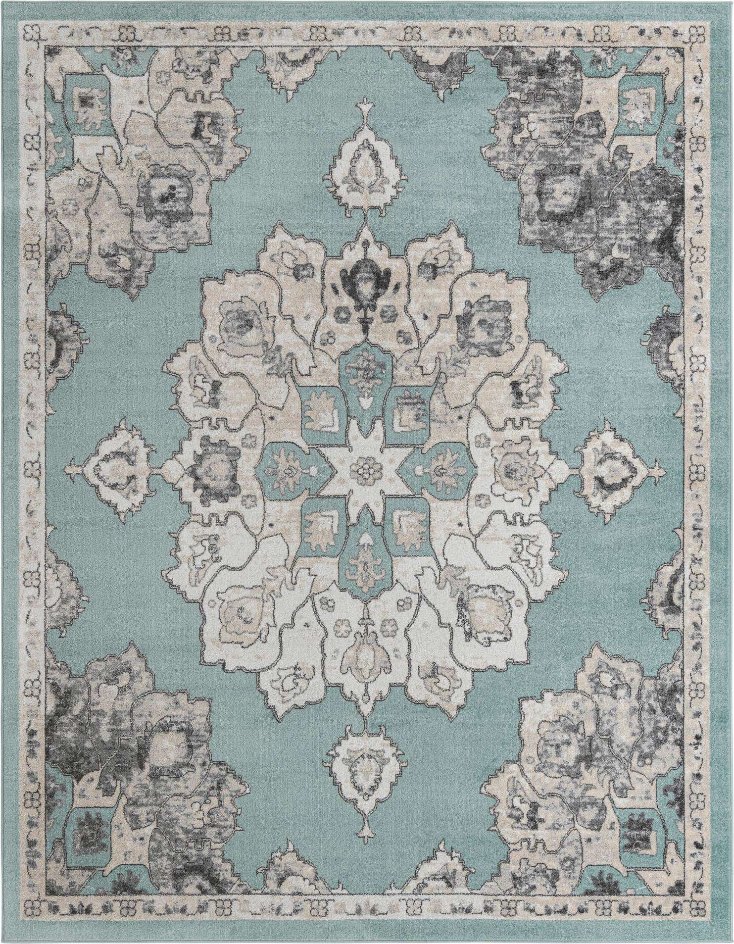 A 9x12 rectangular Parker Collection rug featuring a traditional medallion and botanical pattern in shades of blue, cream, and grey.