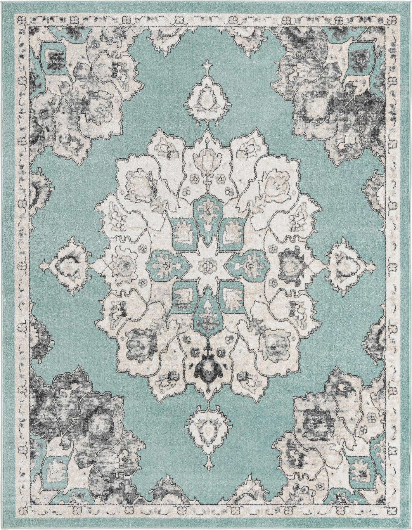 A 7x10 rectangular Parker Collection rug featuring a traditional medallion and botanical pattern in shades of blue, cream, and gray.