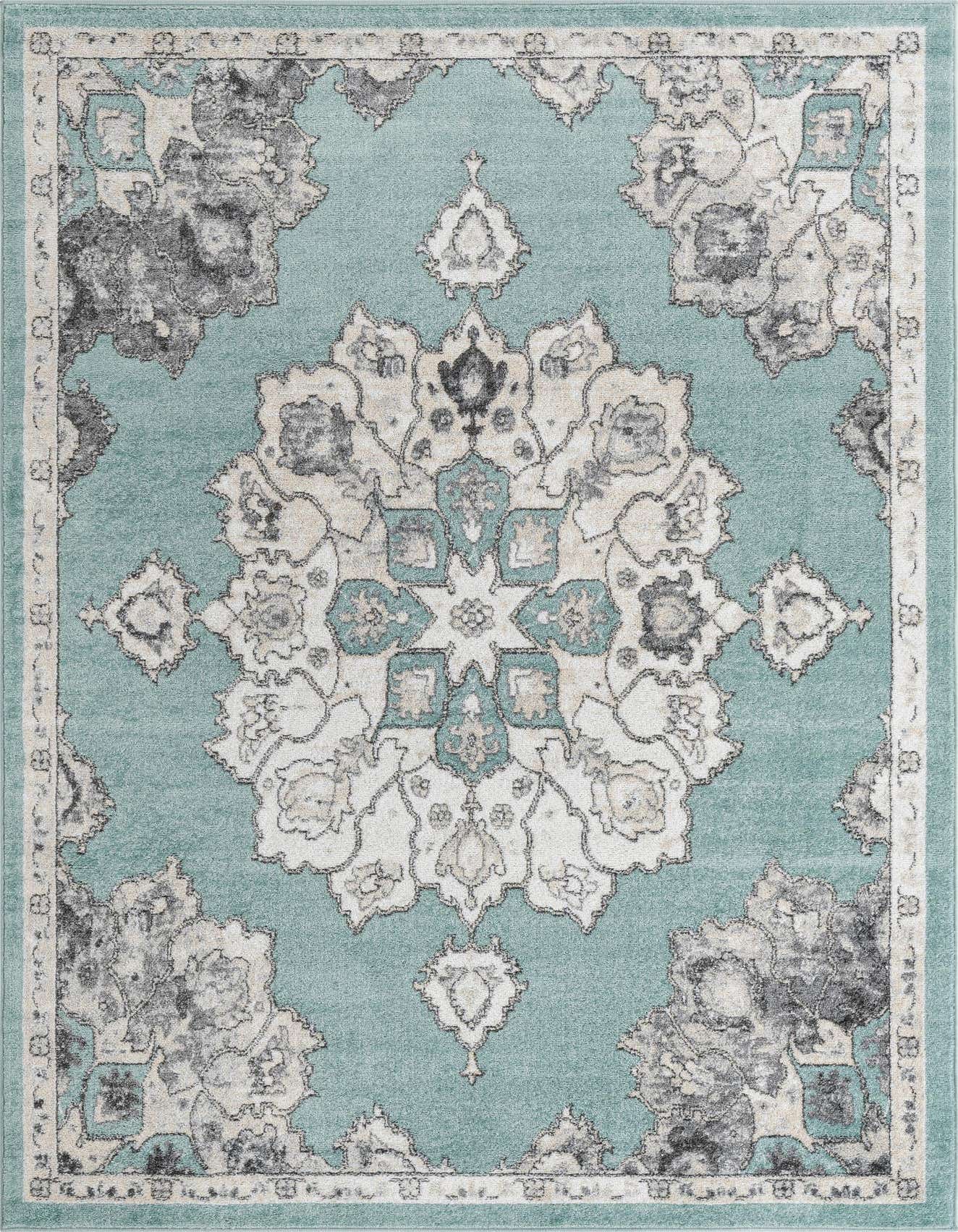 A 6x9 rectangular Parker Collection rug featuring a traditional medallion and botanical pattern in shades of blue, grey, and cream.