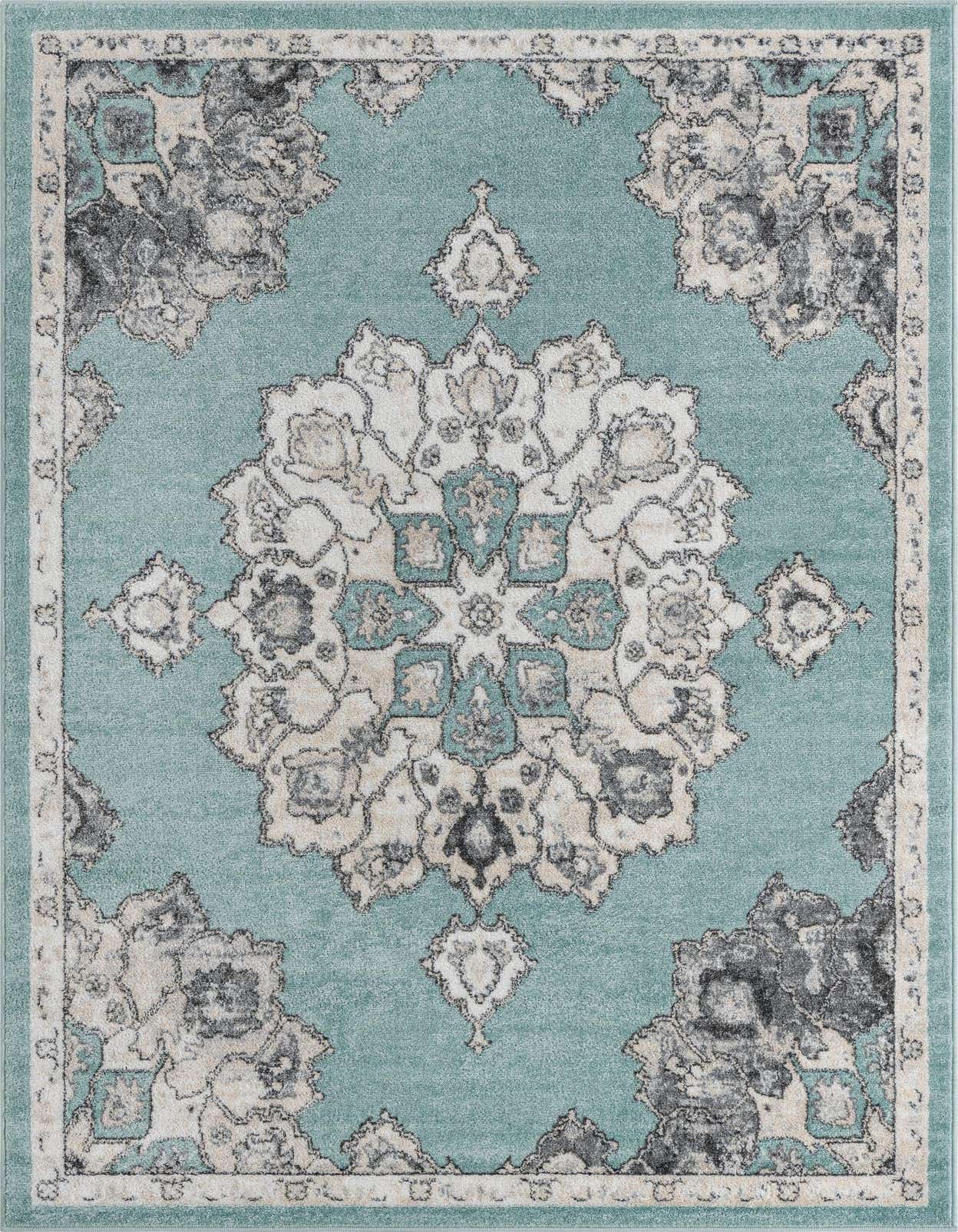 A 5x8 rectangular Parker collection rug featuring a traditional medallion and botanical pattern in shades of blue, cream, and grey.