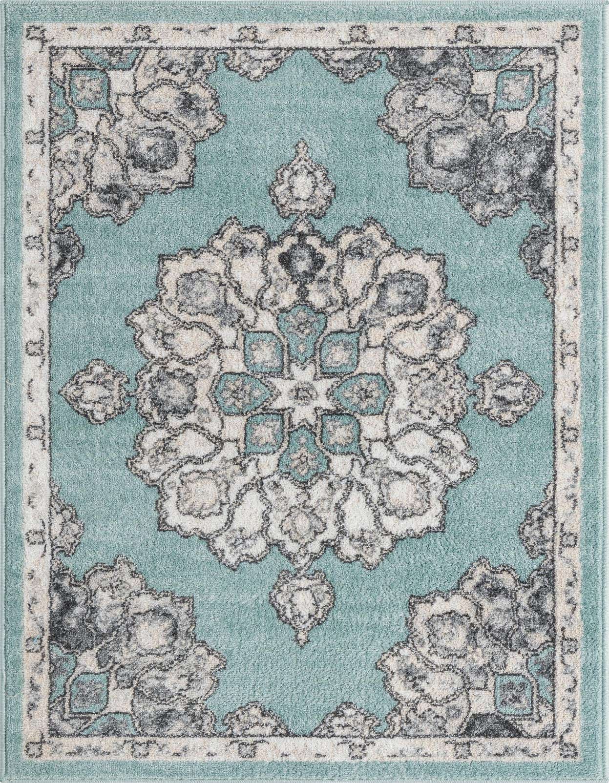 A 3x5 rectangular Parker Collection rug featuring a traditional medallion and botanical pattern in shades of blue, grey, and cream.