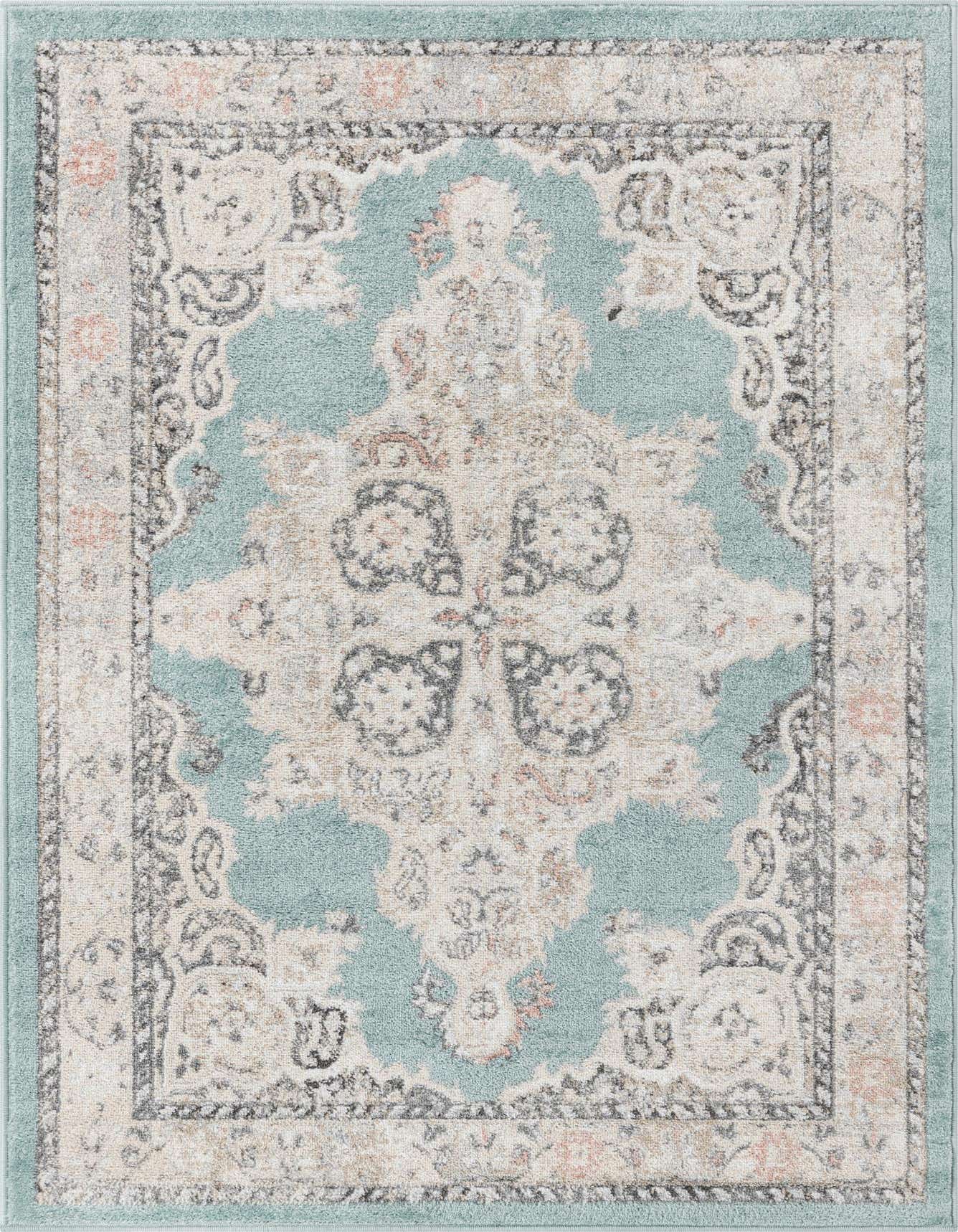 A 4x6 rectangular indoor rug with a traditional medallion pattern in shades of blue, cream, and subtle peach.