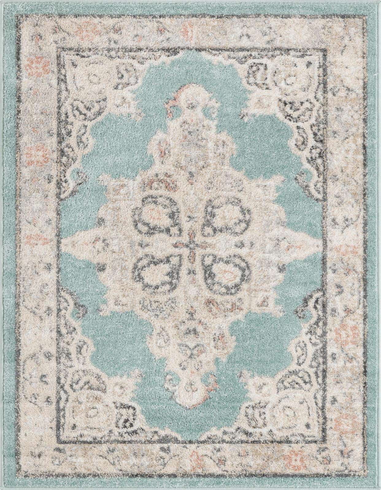 A 3x5 rectangular blue and beige traditional rug with a central medallion and botanical patterns, ideal for a kitchen or entryway.