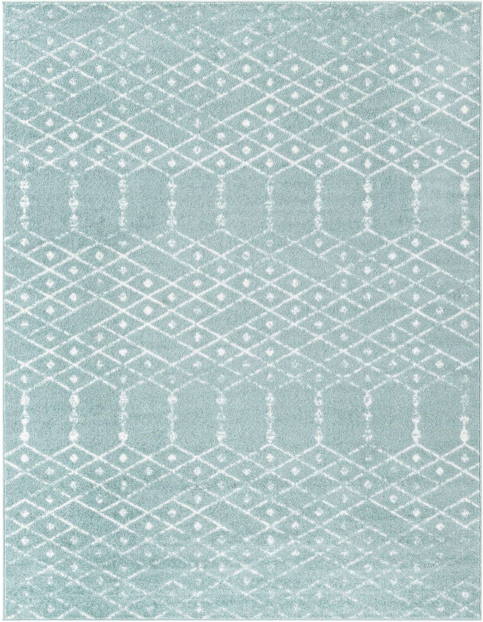A 9x12 rectangular Paxon Trellis rug in light blue with a white modern tribal pattern, perfect for a living room.
