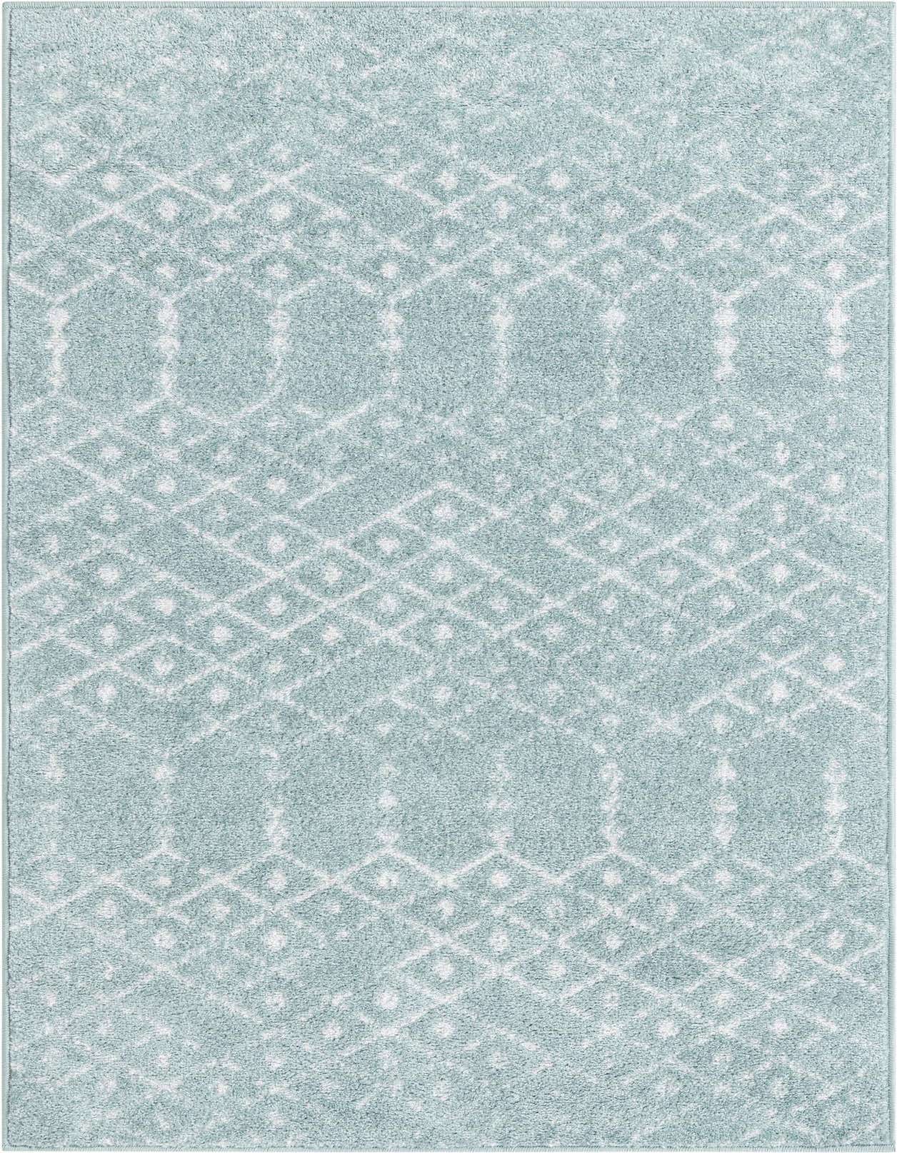 A 3x5 rectangular Paxon Trellis rug in light blue with a white tribal trellis pattern, suitable for a kitchen or entryway.