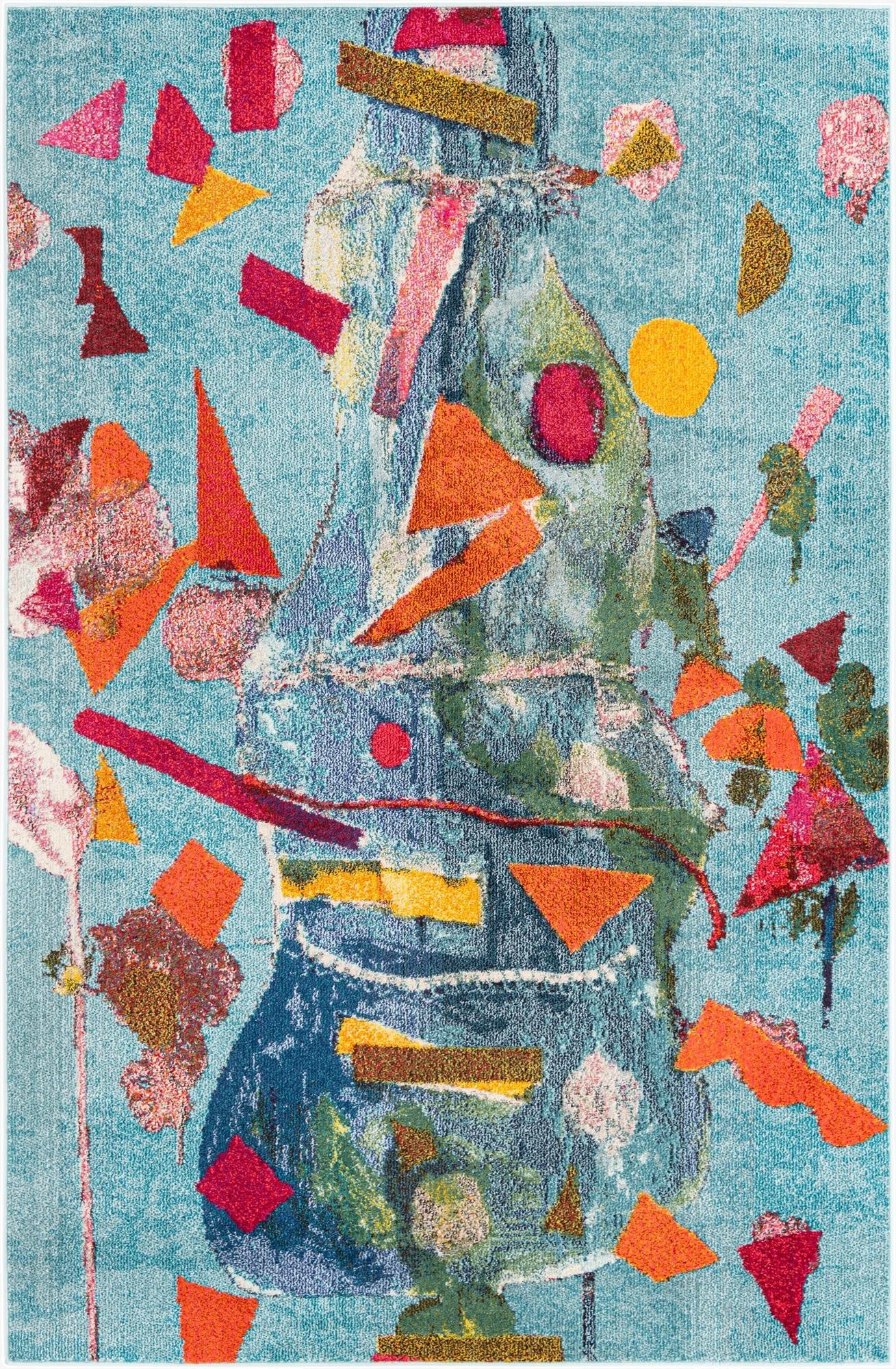 A 6x9 rectangular Rugs.com Vivid collection rug with an abstract modern design featuring various shapes in vibrant blues, oranges, reds, and yellows on a light blue background.