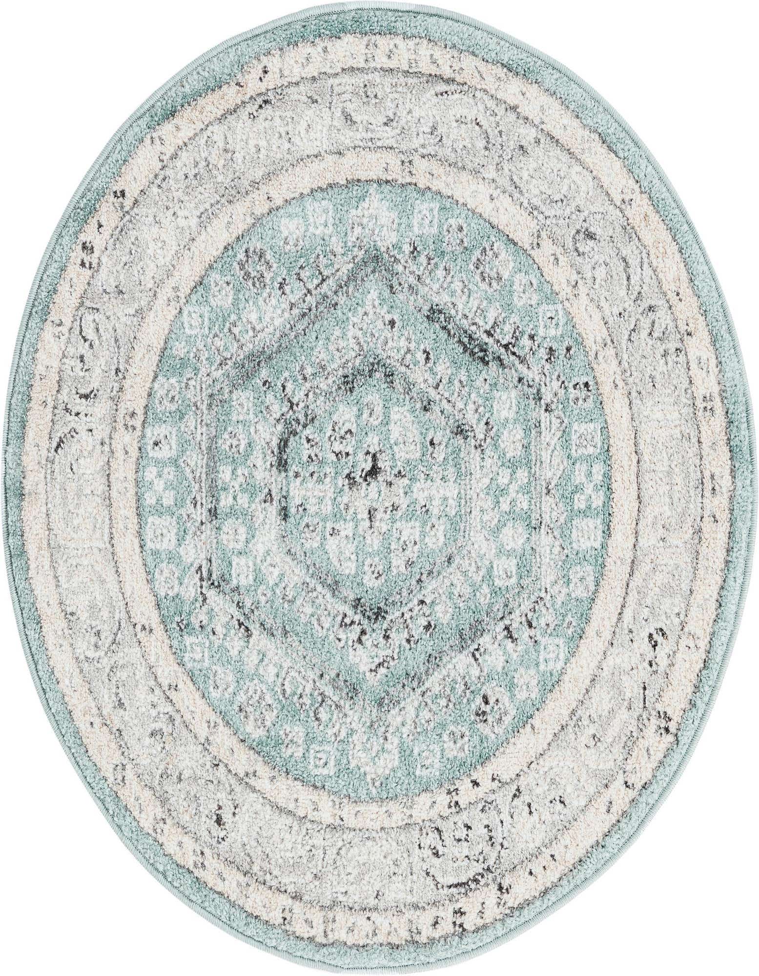 A 3' round blue and white traditional medallion rug with a distressed tribal pattern and thin pile.