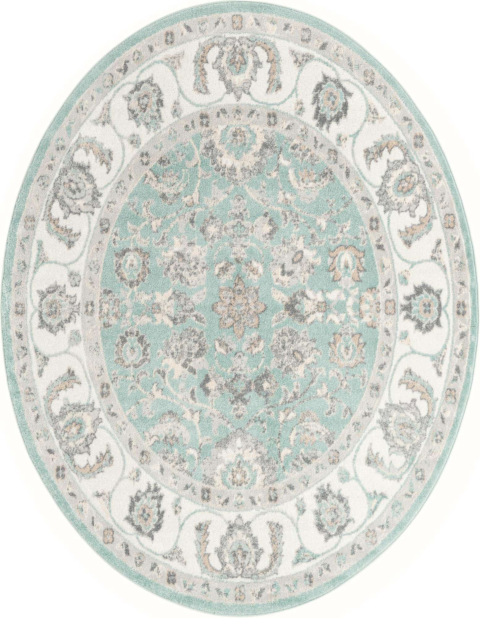 A round, thin pile Aurelia rug in shades of blue, white, and gray, featuring a traditional floral and oriental pattern.
