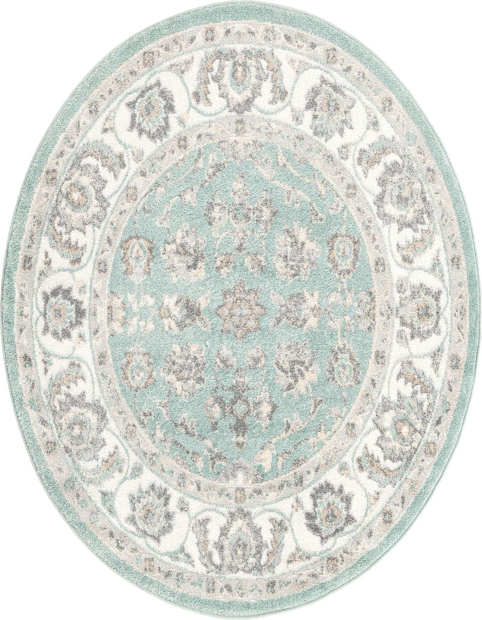 A round 5' 0 x 5' 0 blue traditional rug with an intricate botanical and floral pattern in shades of blue, grey, and cream.