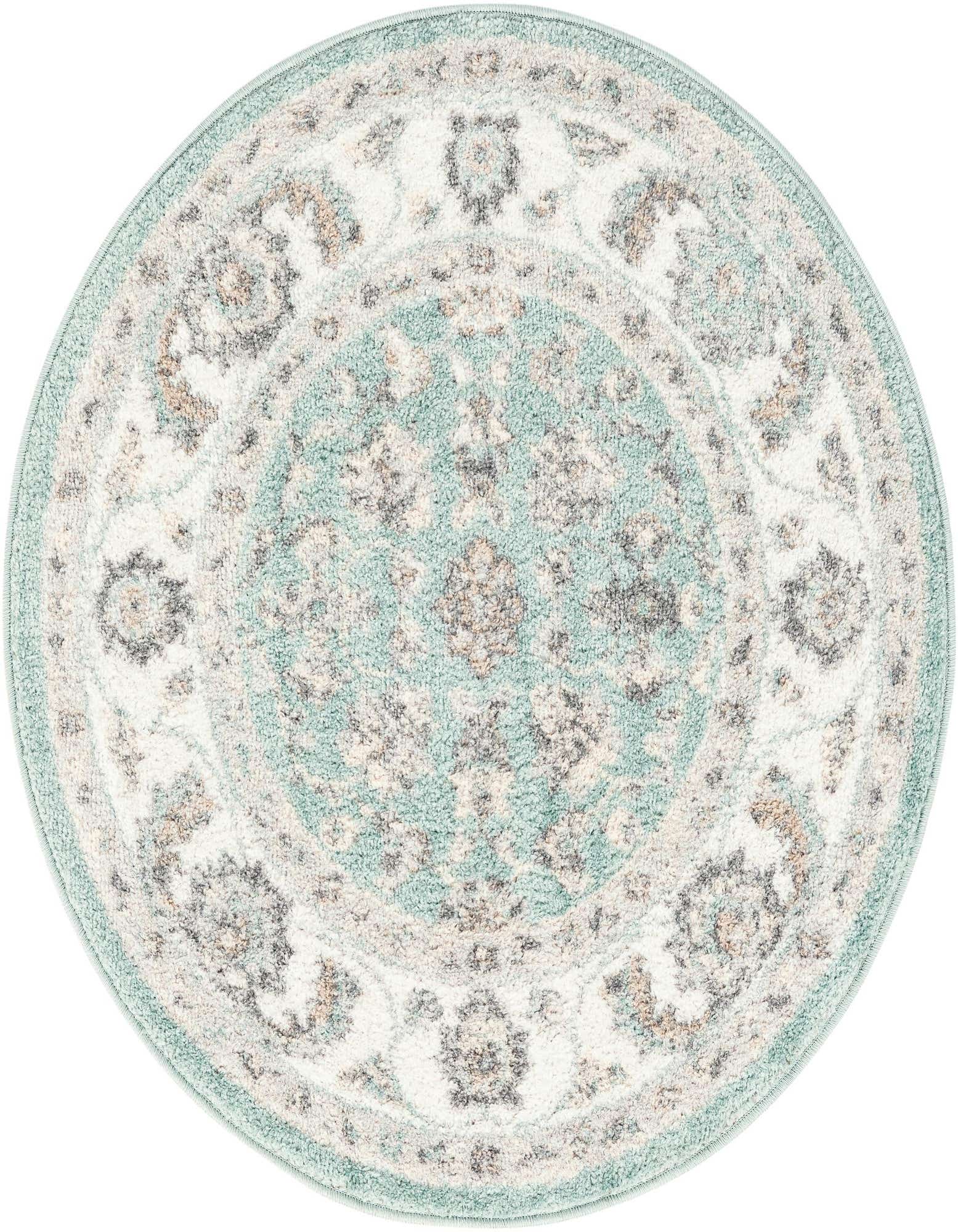 A round 3' 0 x 3' 0 blue and white traditional rug with an ornate floral medallion pattern.