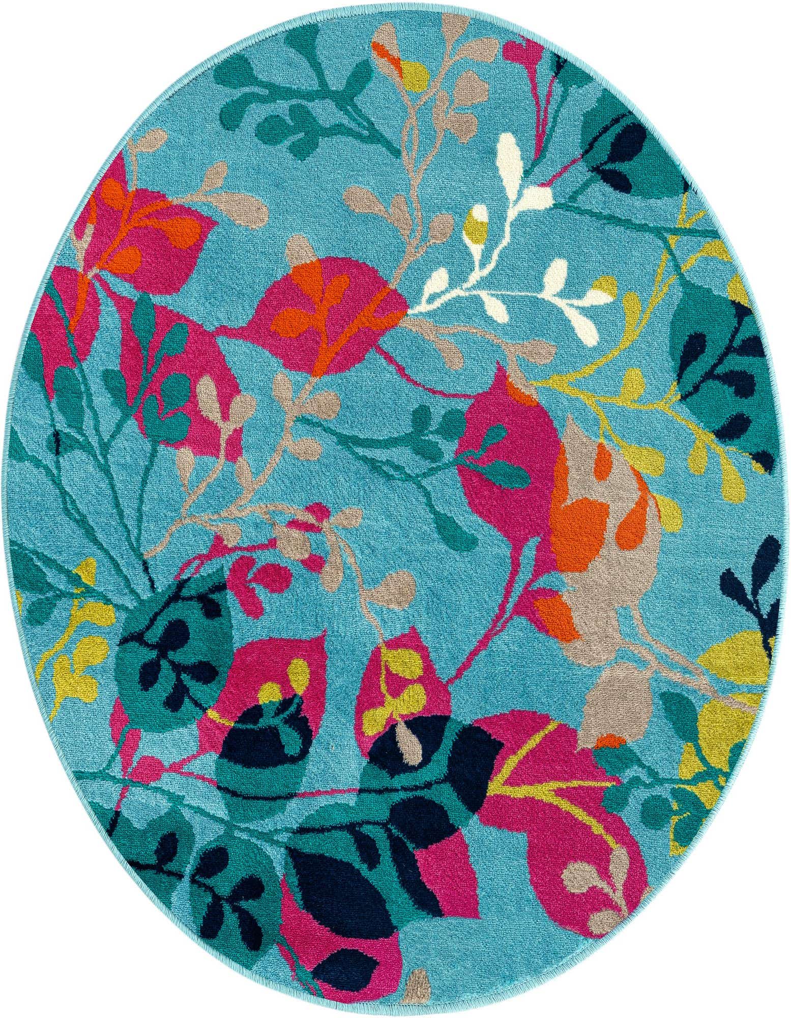 A vibrant 3' round blue rug with a modern botanical pattern featuring large pink, orange, green, and yellow leaves and thin branches.