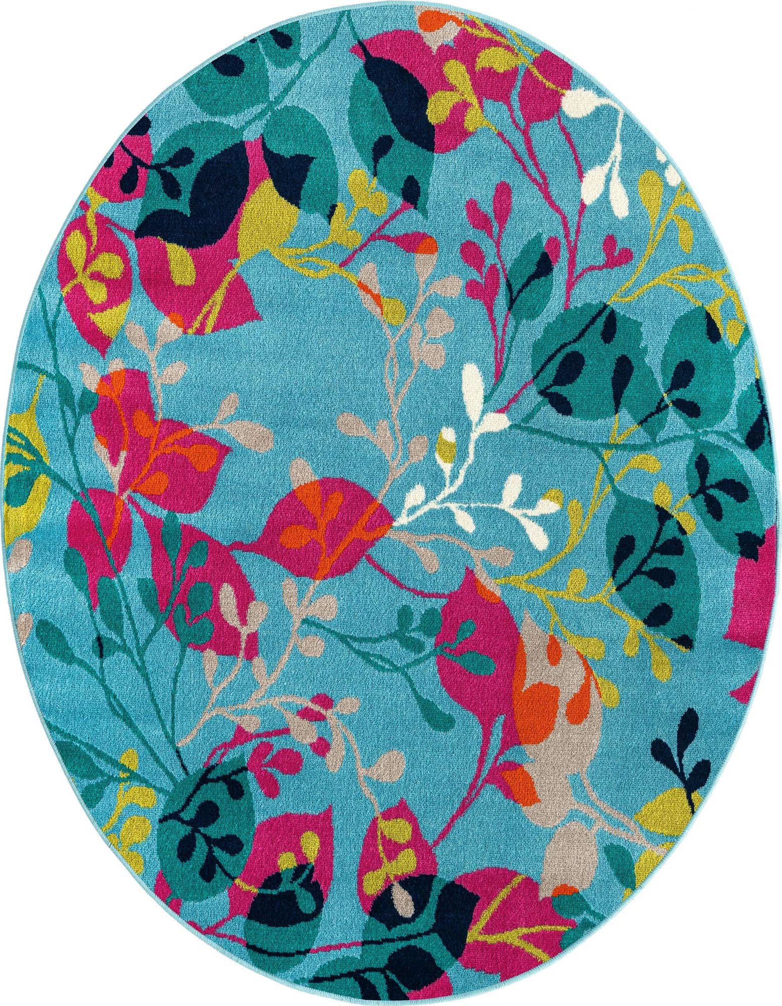 A round blue rug with a vibrant modern floral pattern featuring leaves in shades of pink, teal, yellow, and orange.