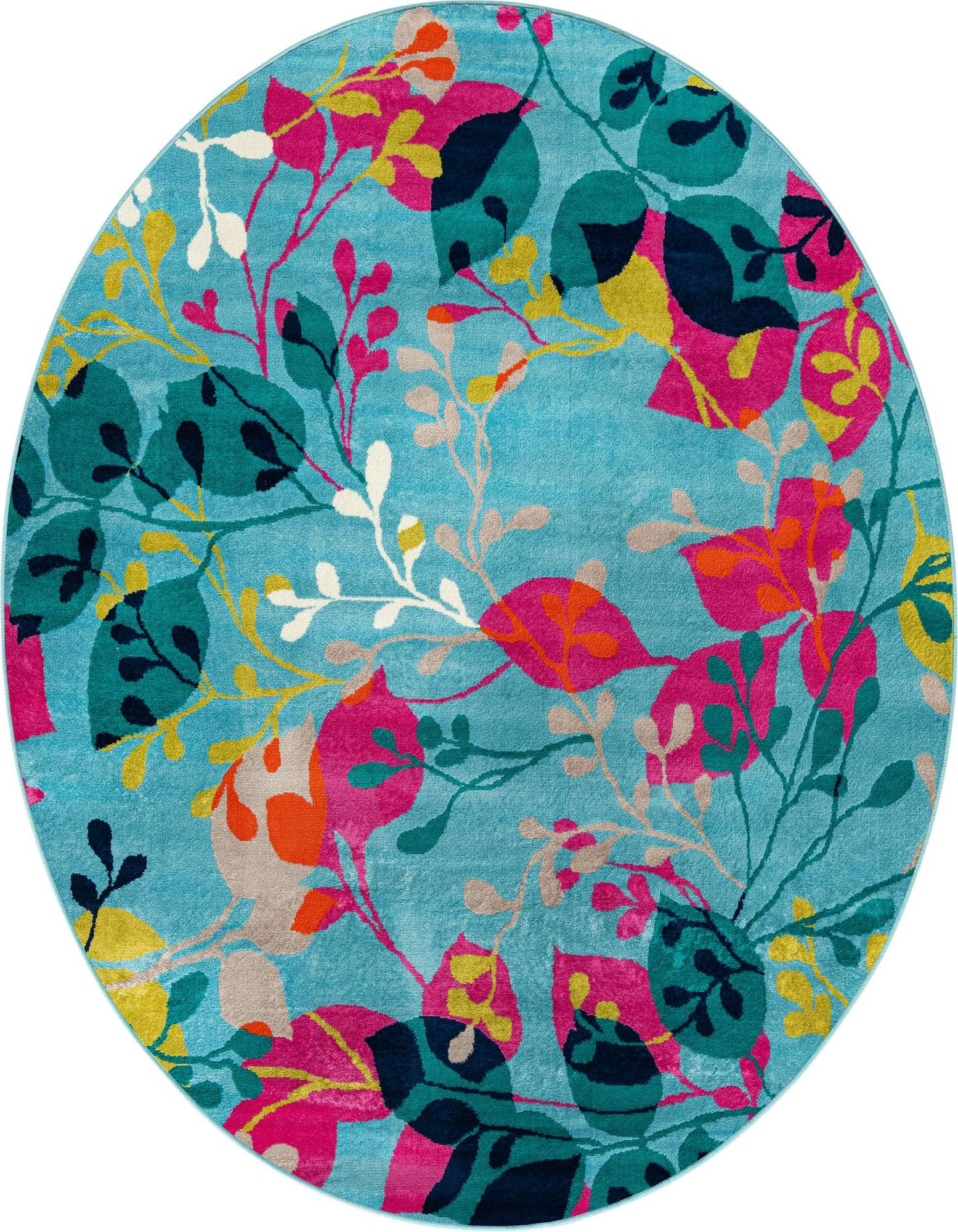A round blue botanical rug with a modern floral pattern featuring vibrant pink, orange, teal, and yellow leaves.