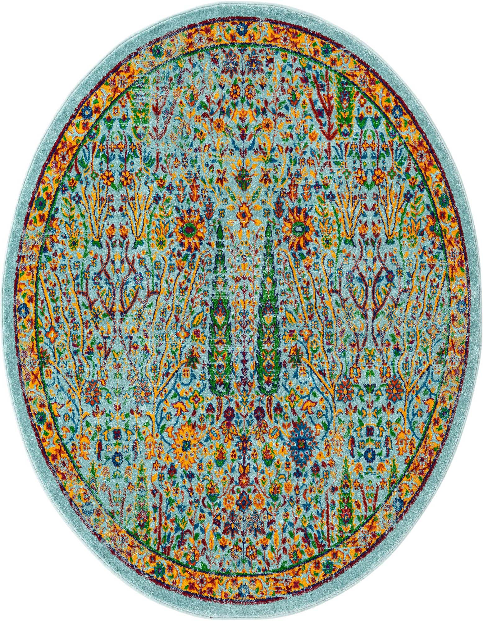 A 6' round blue transitional rug with a vibrant floral pattern in yellow, orange, green, and red, suitable for indoor spaces.