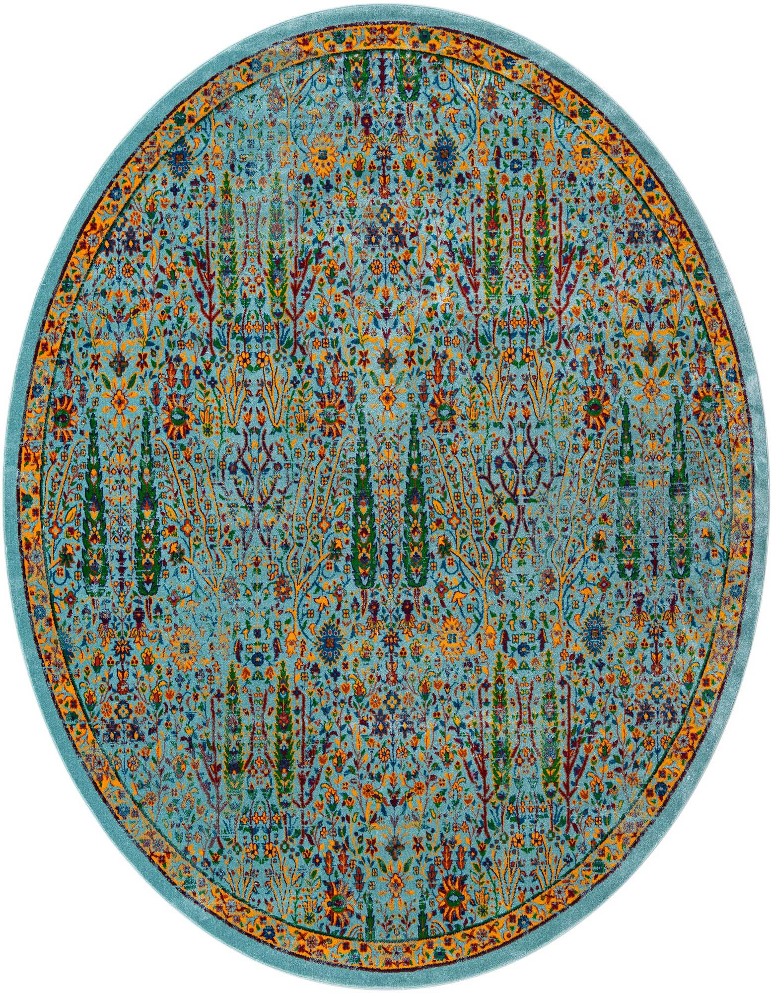 A 10-foot round blue rug with a detailed transitional floral and oriental pattern, featuring vibrant orange, green, and red accents.