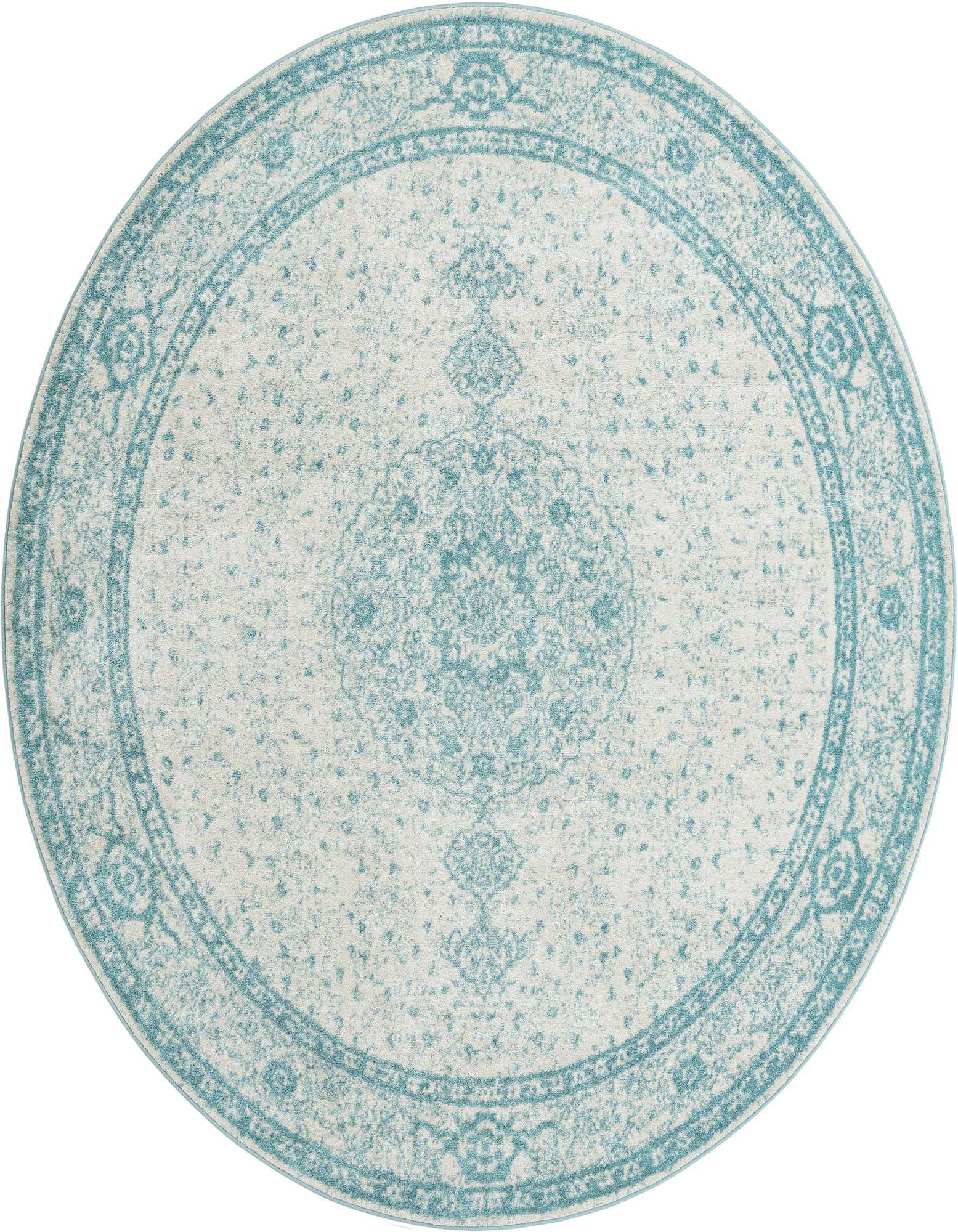 A 10-foot round blue and white area rug with an intricate traditional medallion pattern, ideal for a living room.